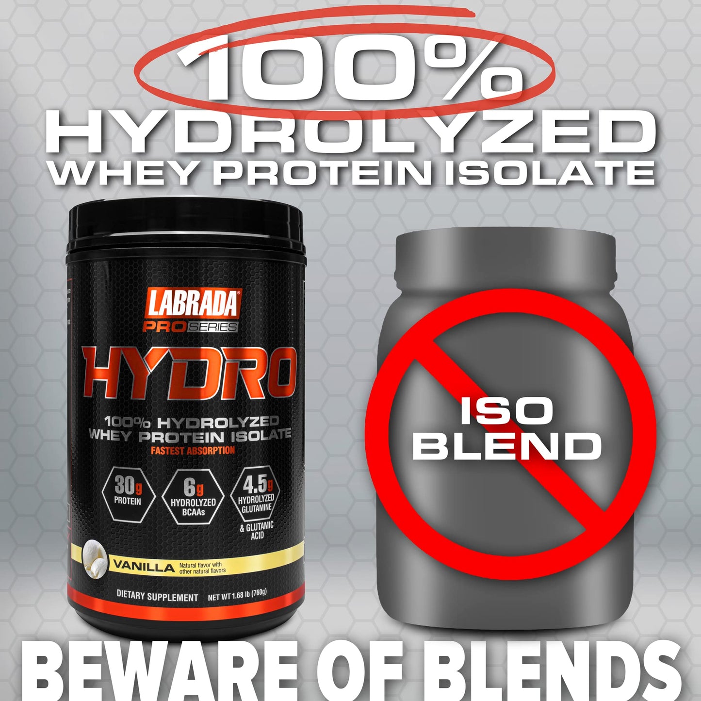 Labrada Hydro 100% Pure Hydrolyzed Whey Protein Isolate Powder, Vanilla, 1.68 lb