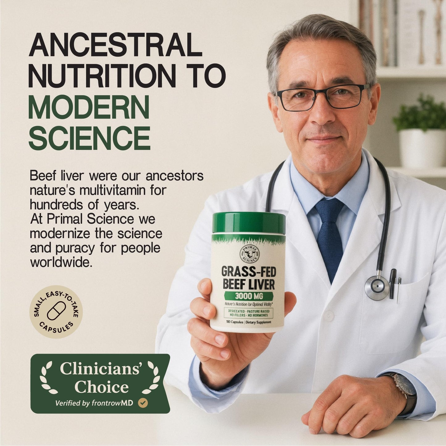 Primal Science Grass Fed Beef Liver Capsules 3000mg Desiccated Liver Supplement 100% Pasture Raised & Freeze Dried Natural Iron, Vitamin A & B12 for Energy Non-GMO, No Fillers 180 Count