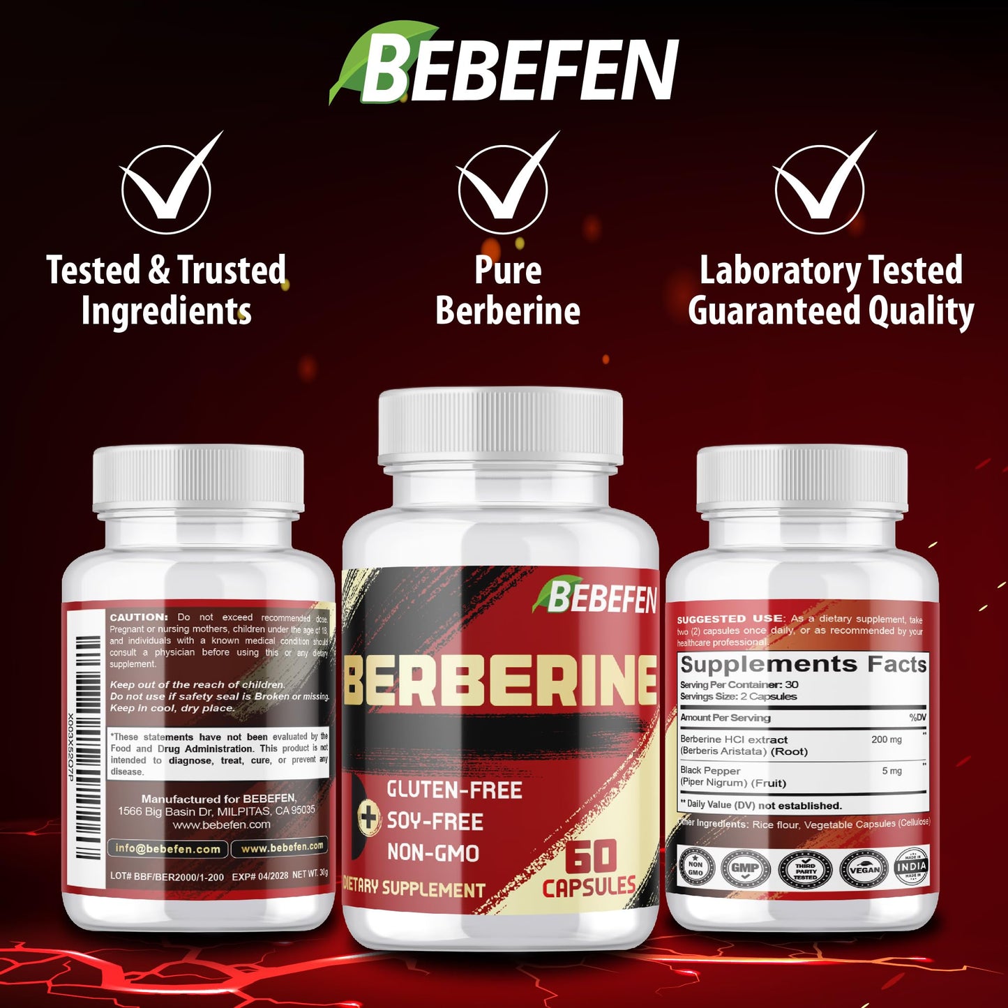 BEBEFEN Berberine HCL Supplement 60 Capsules, Non-GMO, Gluten Free
