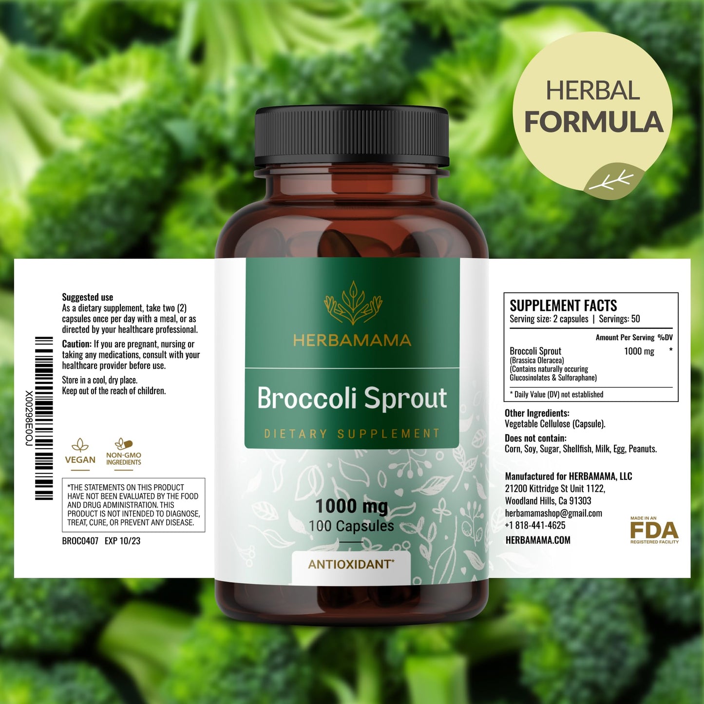 HERBAMAMA Sulforaphane Supplement from Broccoli Sprouts – 1000 mg Broccoli Sprout Extract for Immune Support & Antioxidant Support, 100 Vegan Capsules