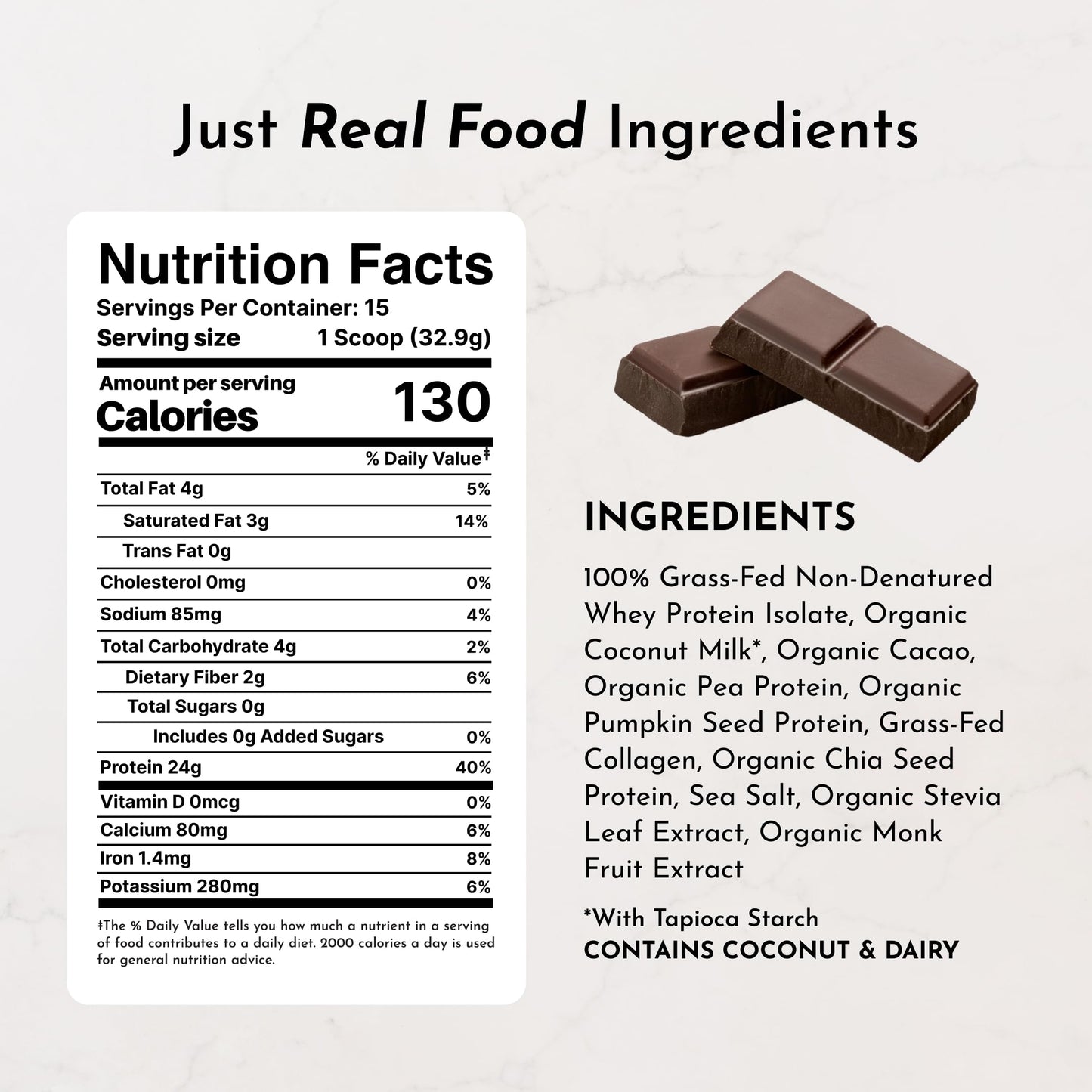 JUST INGREDIENTS Chocolate Protein - Grass-Fed Whey Powder, 15 Servings