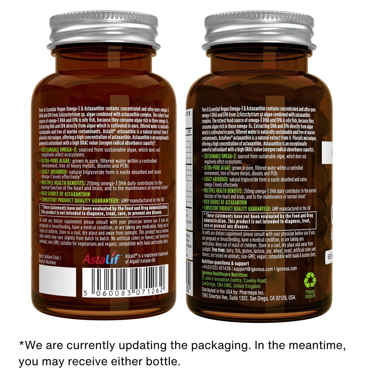 Igennus Healthcare Nutrition Vegan Omega 3 Algae Oil, EPA DHA 600mg Softgels, 60 Softgels