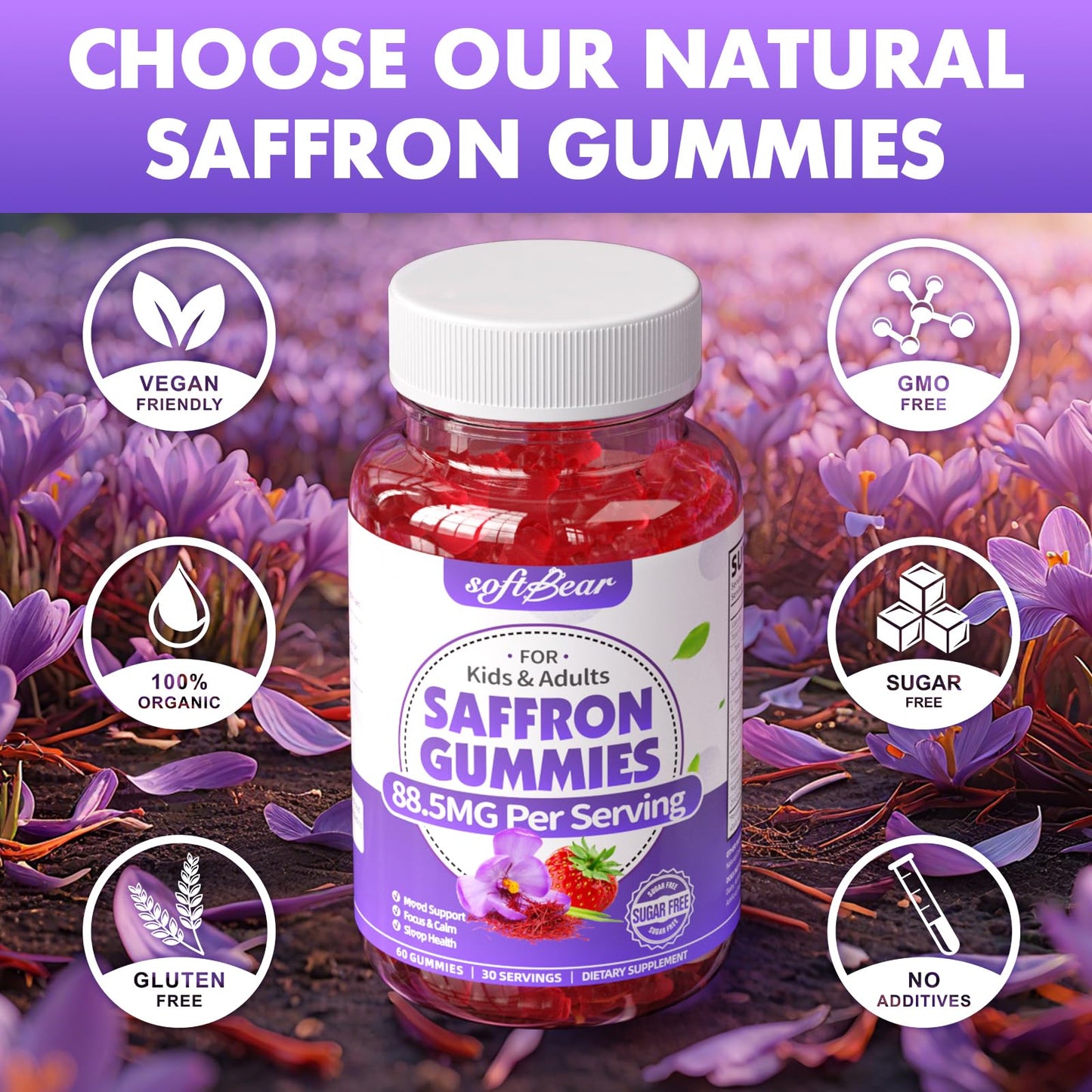 Softbear Saffron Gummies for Kids & Adults 60 Count