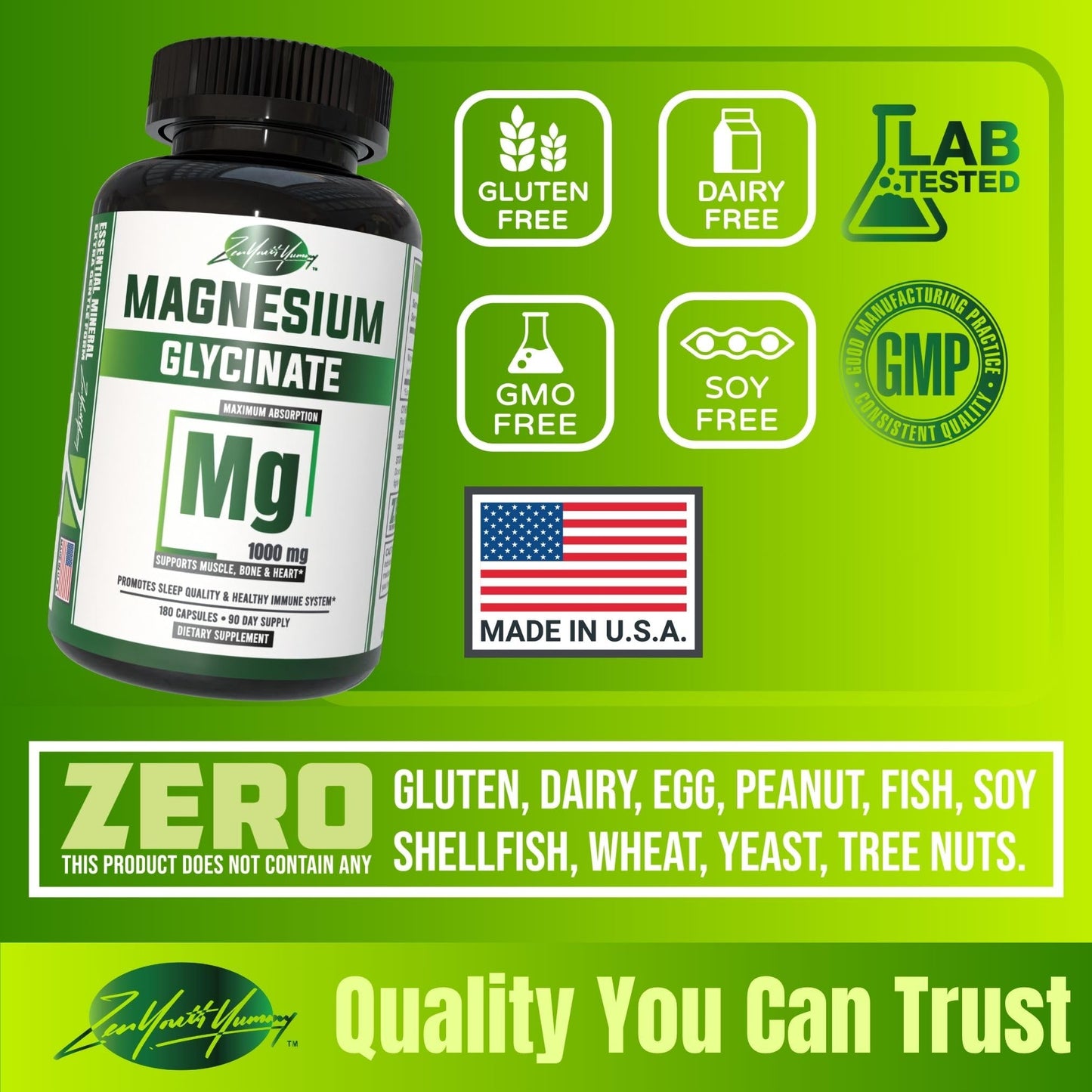 ZYY Magnesium Glycinate Capsules 1000mg, 180 Count