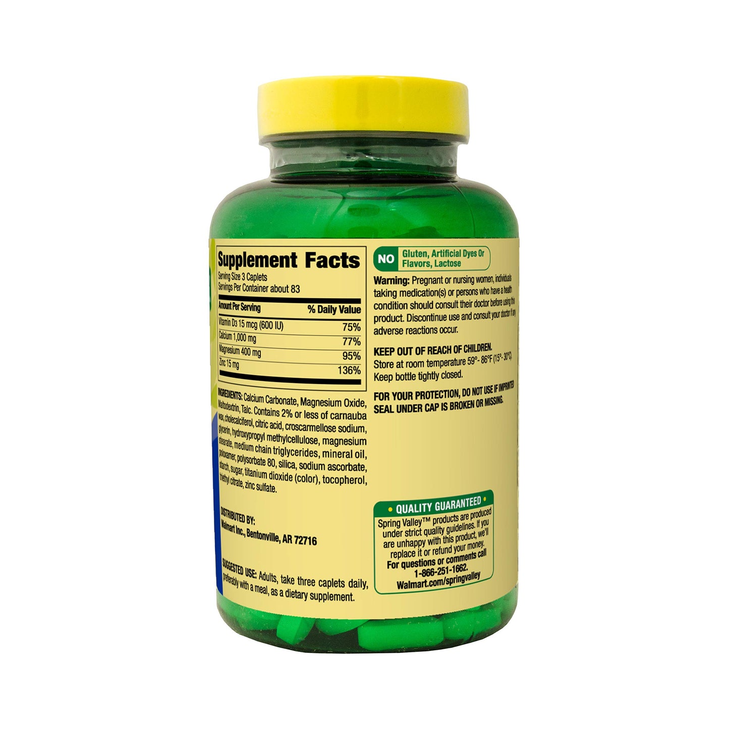 Spring Valley Calcium Magnesium and Zinc, Plus Vitamin D3 Caplets, 750 Count
