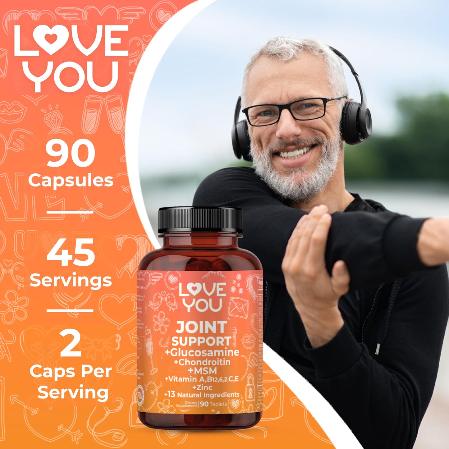 Love You Joint Support Supplement with Glucosamine, Chondroitin, MSM & Turmeric - 90 Tablets