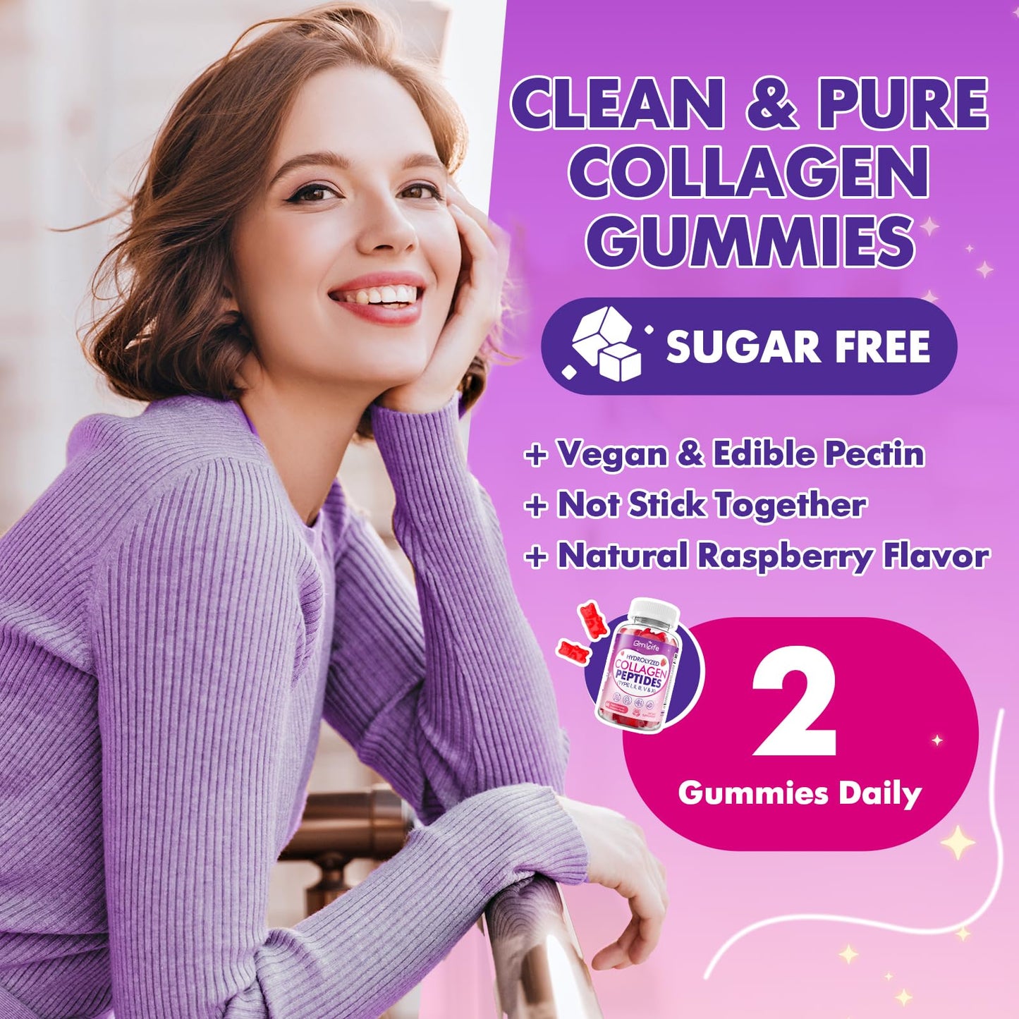 GrnLife Multi-Collagen Gummies Type I, II, III, V, X for Skin, Hair & Nails, Hydrolyzed Collagen Peptides, Sugar-Free Raspberry, 120 Count