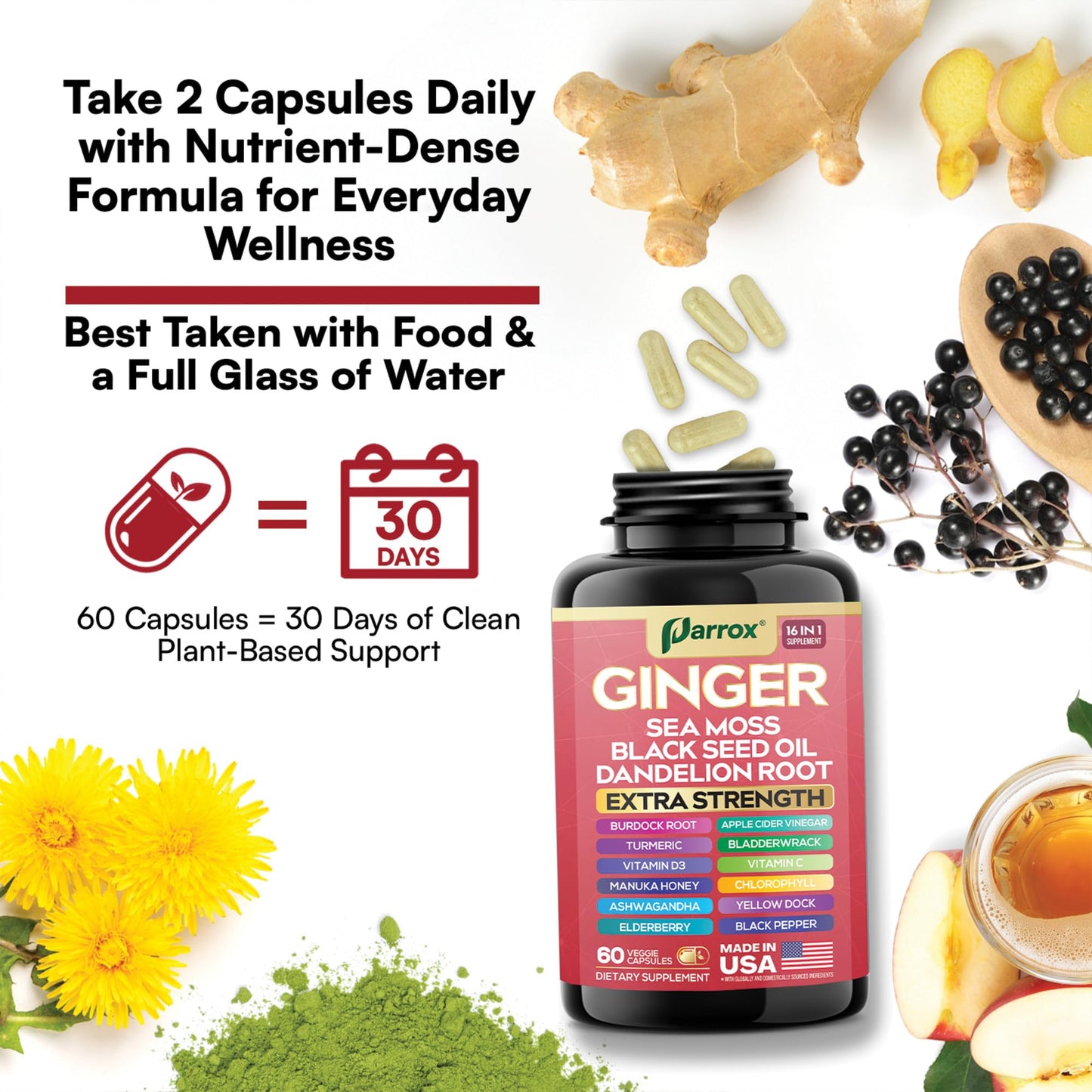 Parrox Ginger Sea Moss Herbal Supplement, 16-in-1 Black Seed Oil & ACV, 60 Capsules