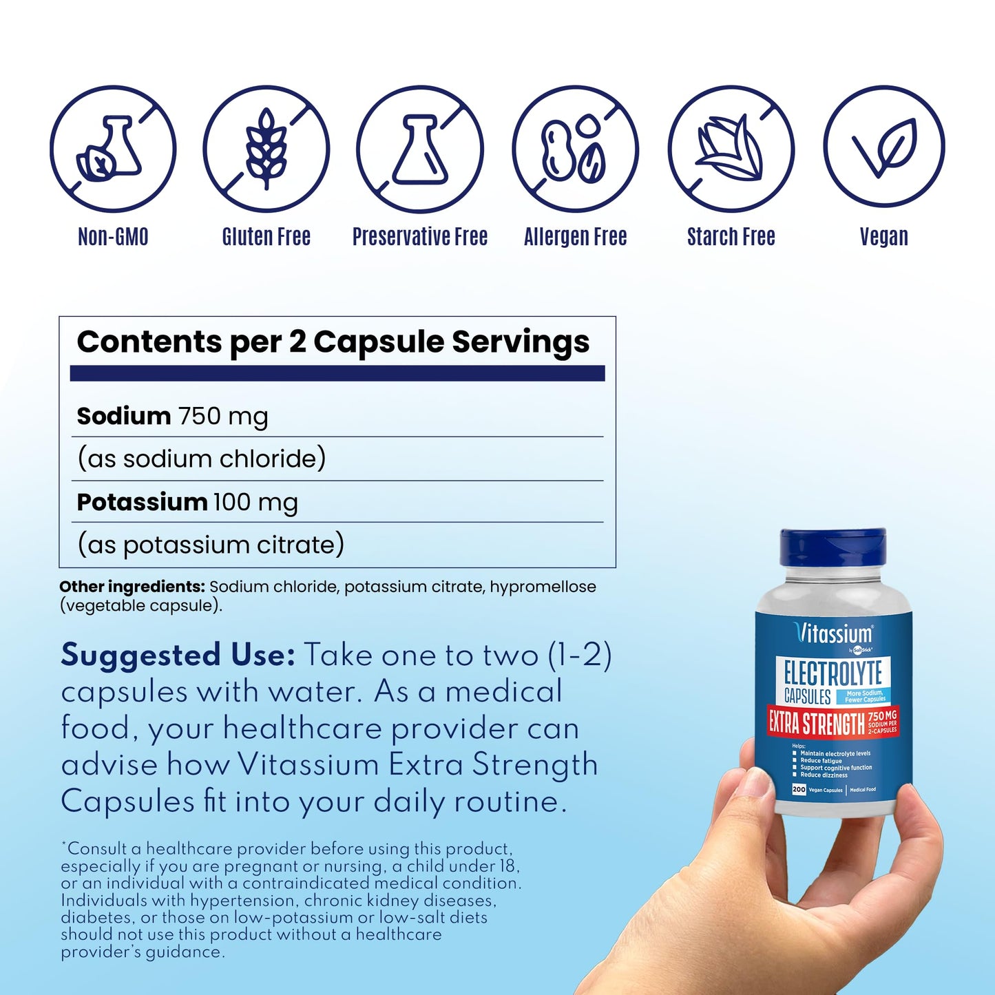 Vitassium Extra Strength Electrolyte Capsules - 750mg Sodium for the Management of POTS and High Sodium Diets, Unflavored, 200 Capsules