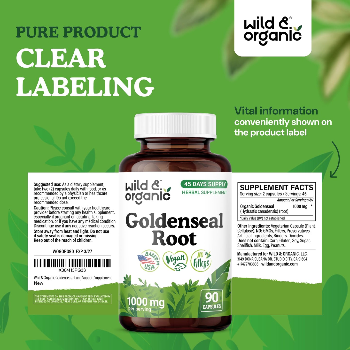 Wild & Organic Goldenseal Root 1000mg Capsules, 90 Count