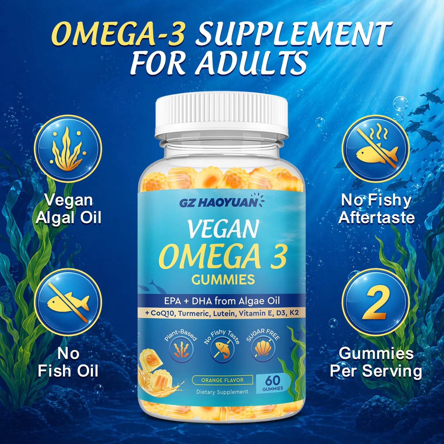 GZ HAOYUAN Vegan Omega-3 Gummies 1200mg, EPA 600mg DHA 400mg, Vitamin D3, K2, Sugar Free, No Fish Taste, 60 Count