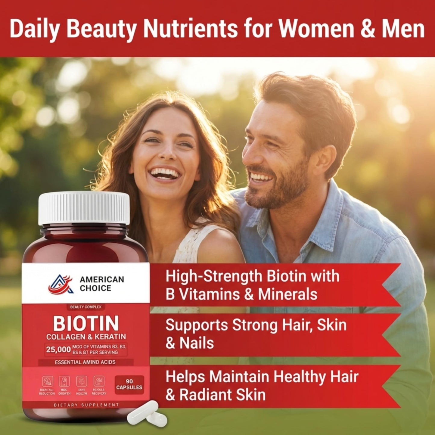 American Choice Biotin Hair Vitamins with Collagen and Keratin Capsule 90 Count