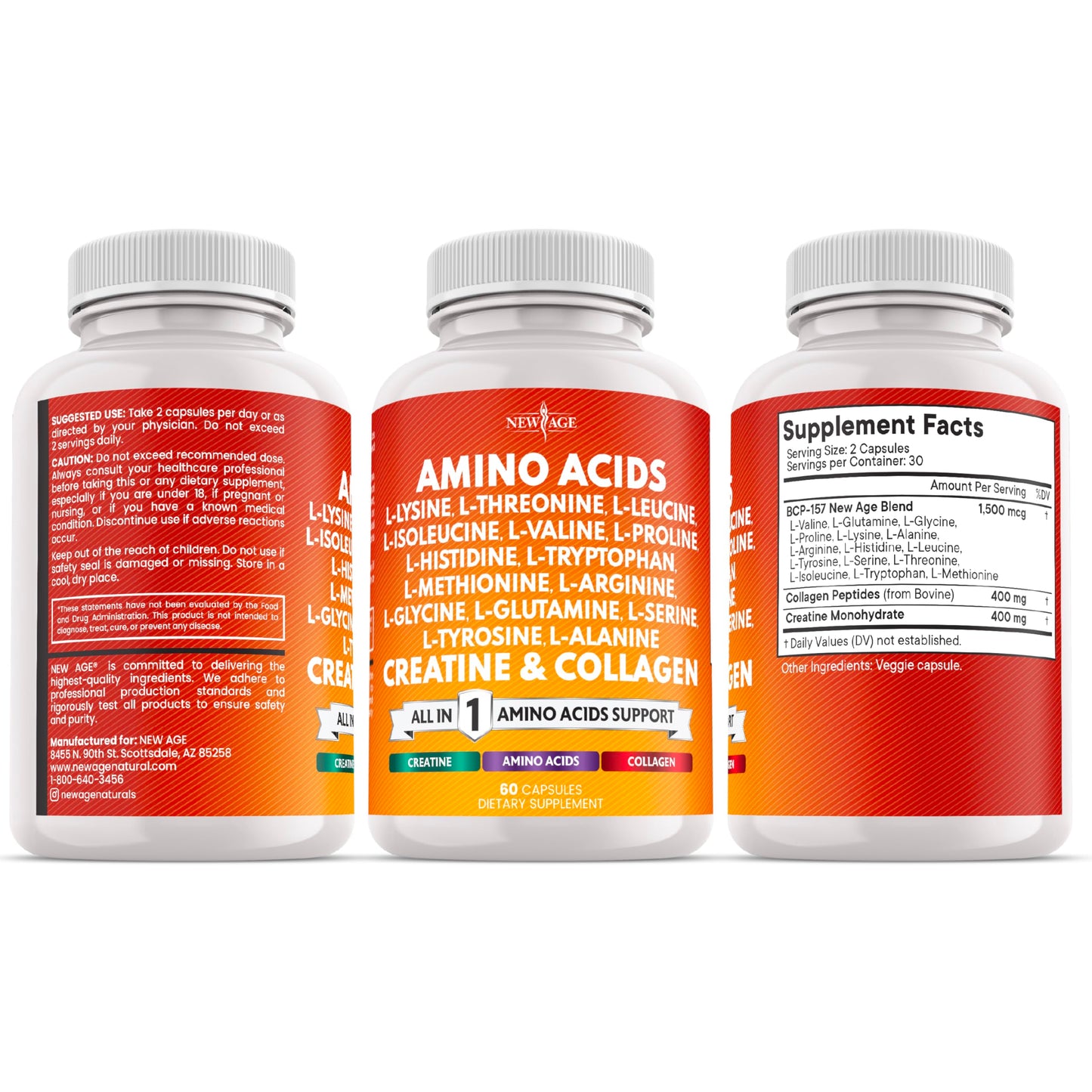 NEW AGE Amino Acids Supplement L-Lysine, L-Threonine, L-Leucine, Isoleucine, Valine, L-Histidine, L-Tryptophan, L-Methionine, L-Arginine, L-Cysteine, L-Glutamine, L-Serine, Aspartic Acid, Capsules, 60 Count