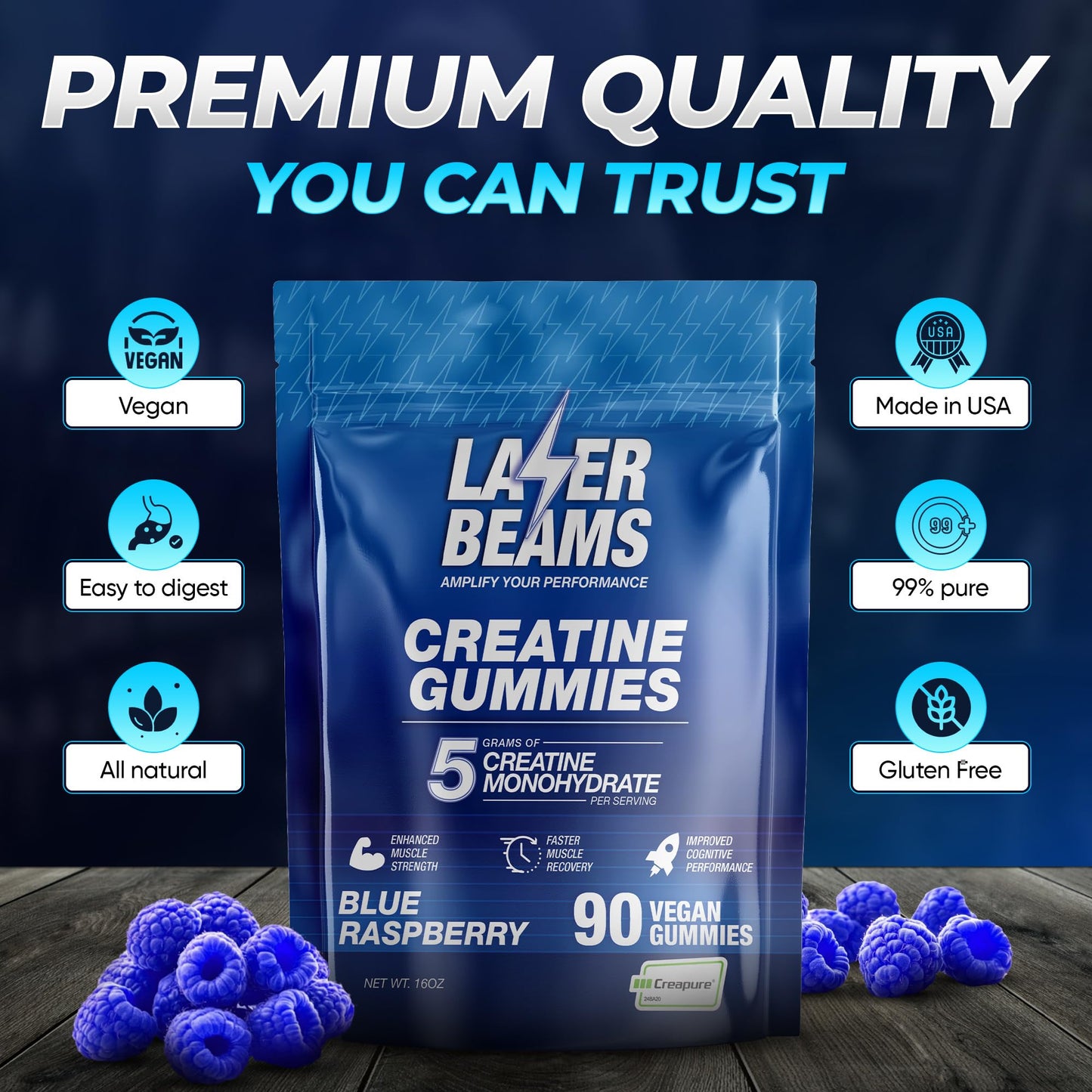 Laser Beams Creatine Monohydrate Gummies 5000mg Creapure Blueberry Flavor, 90 Count