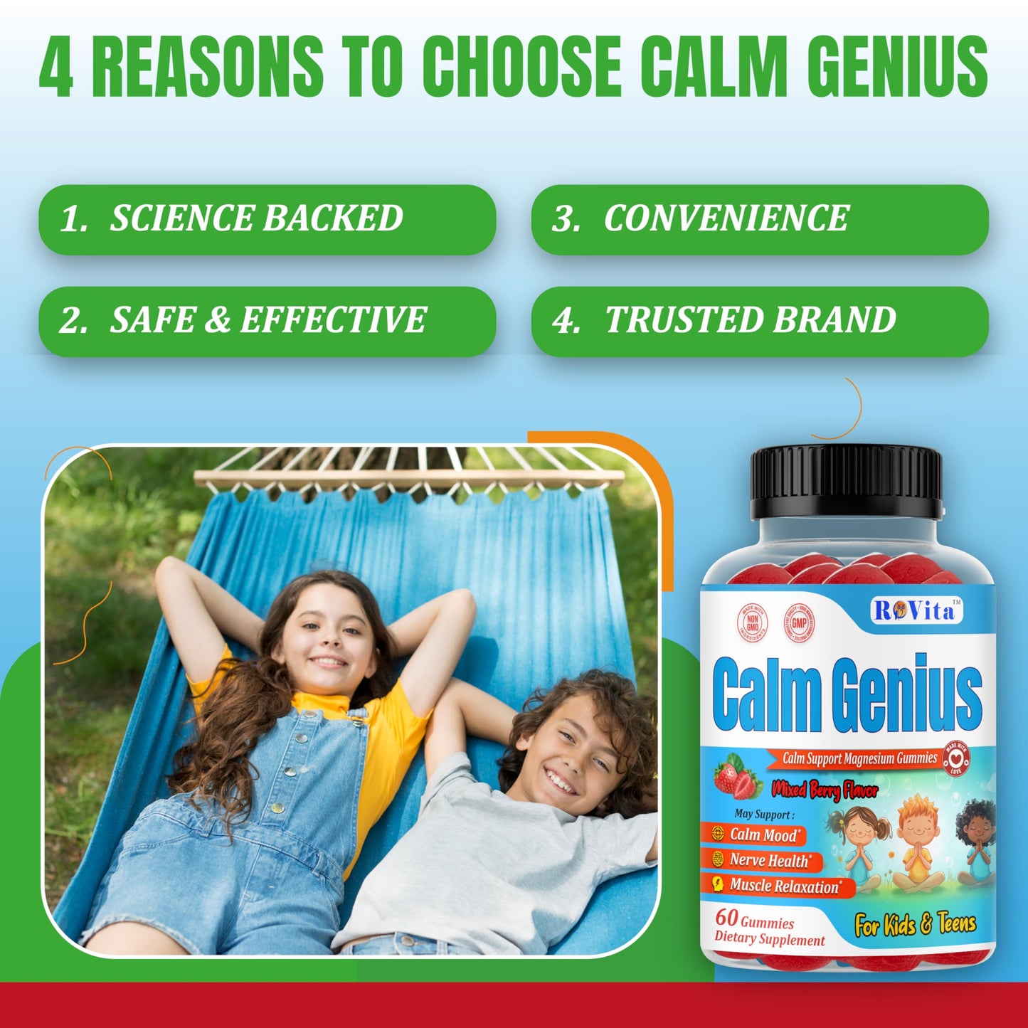 ROVita Calm Genius Kids Magnesium Gummies, Magnesium Citrate Kids Supplement for Relaxation & Daily Wellness, 60 Gummies