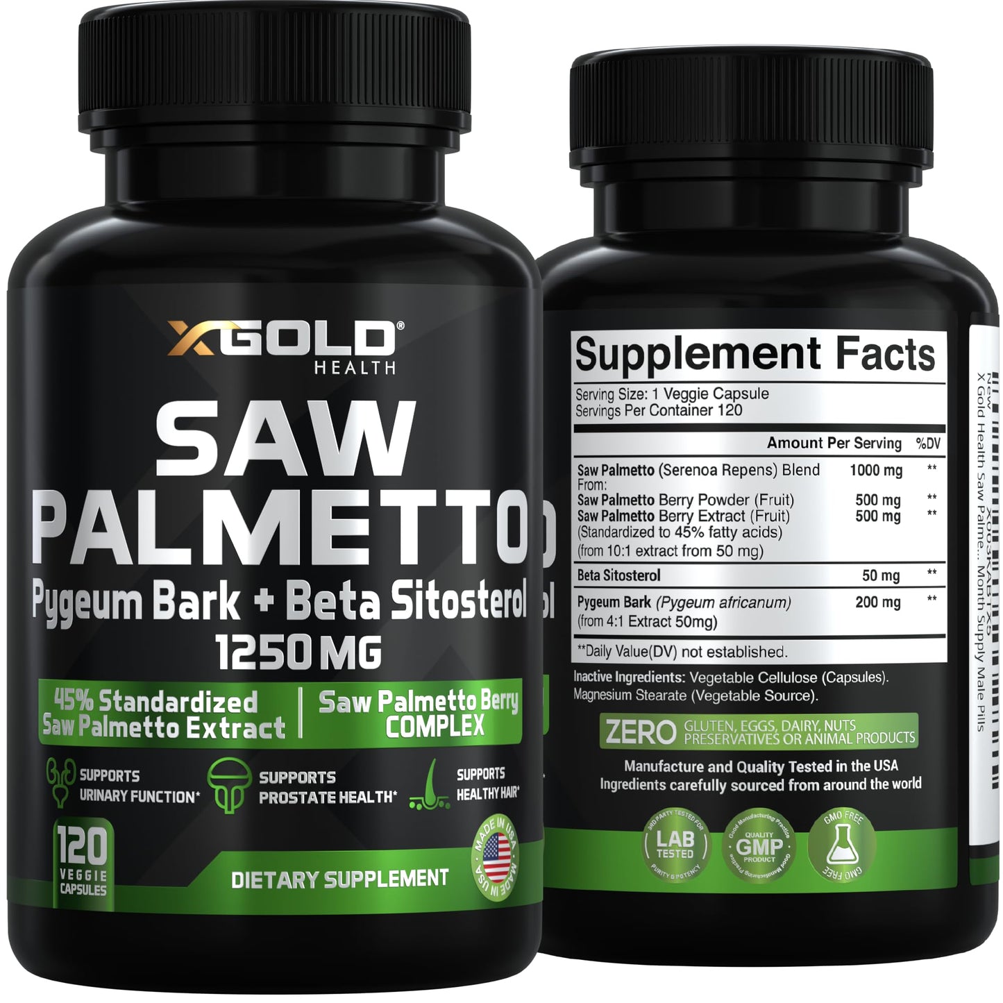 X Gold Health Saw Palmetto for Men 1250mg – Prostate Support with Beta Sitosterol & Pygeum Bark – Supports Urinary Flow & Bladder Control – DHT Blocker for Hair Loss 120 Capsules