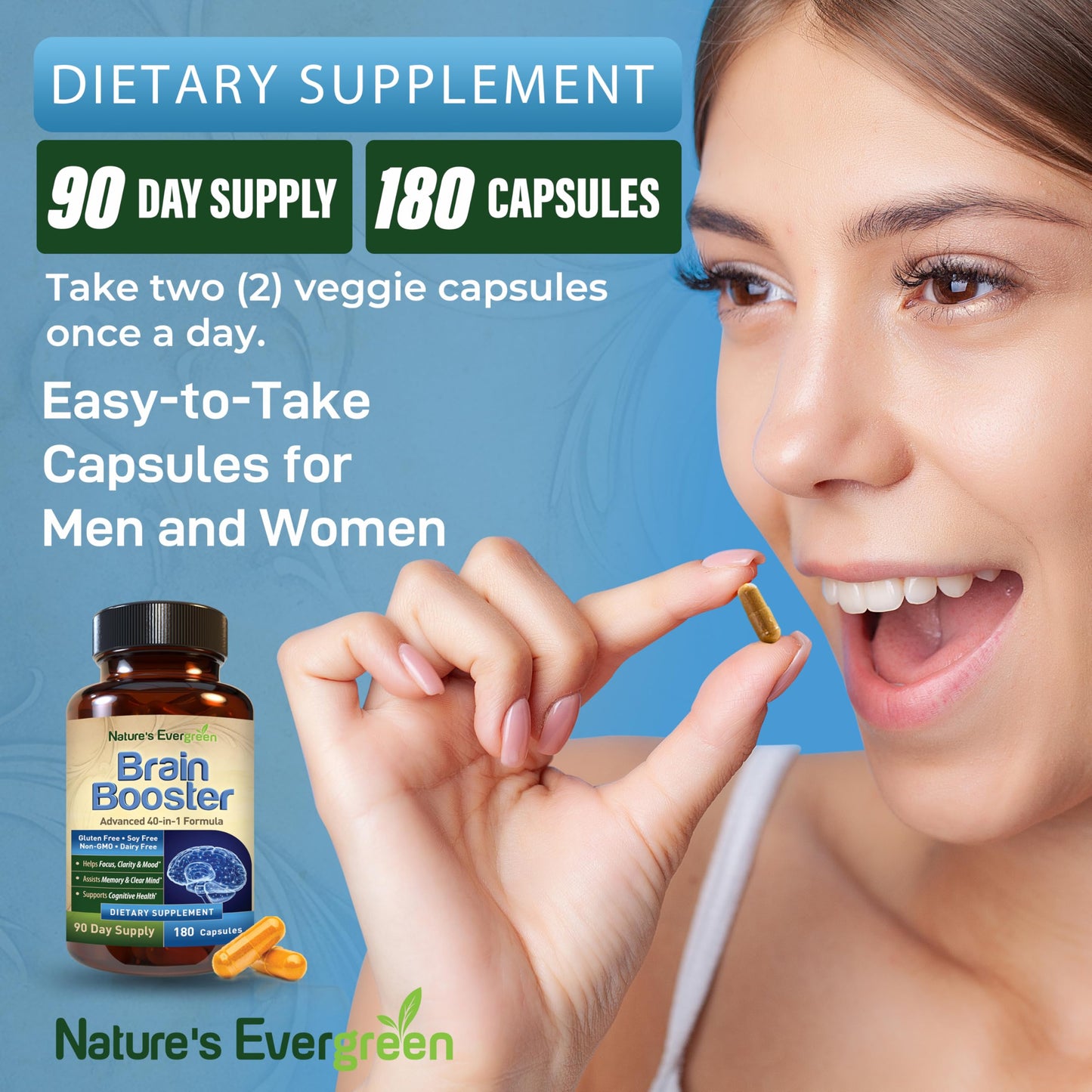 Nature's Evergreen Brain Booster 40-in-1 Formula Nootropic Supplement Capsules, 180 Capsules