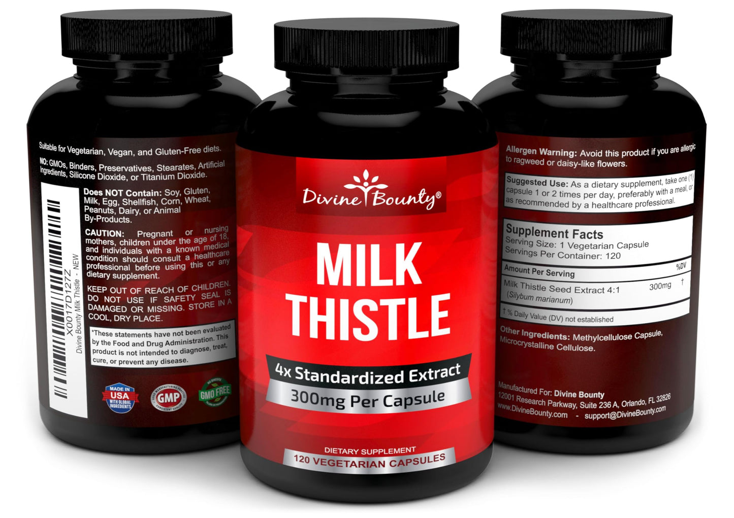 Divine Bounty Milk Thistle Supplement 300mg Seed Extract Capsules 120 Count