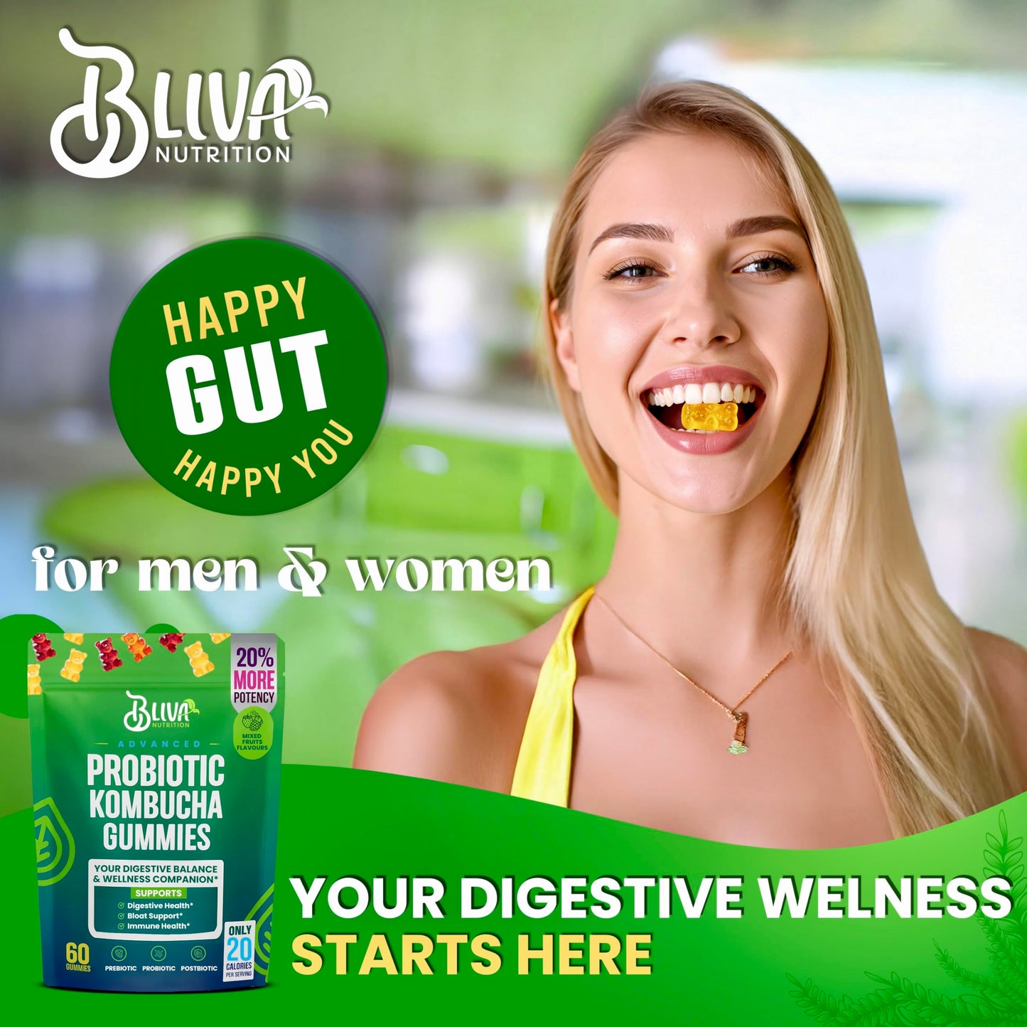 BLIVA NUTRITION Probiotic Kombucha Gummies with Prebiotics, Probiotics, Postbiotics, Slippery Elm Bark & Fiber, 60 Gummies