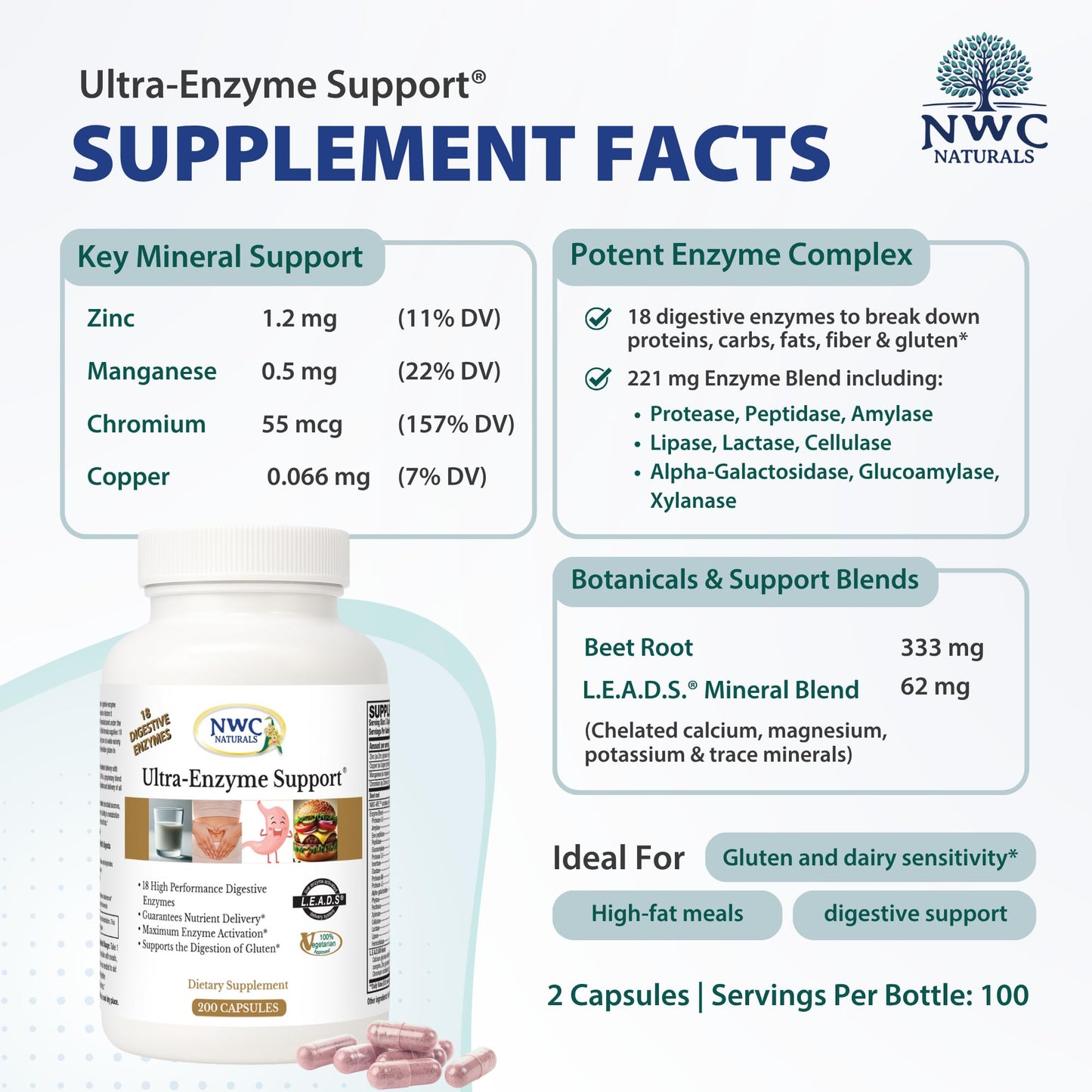 NWC Naturals Ultra-Enzyme Support Digestive Enzyme Supplement Powder 200 Count