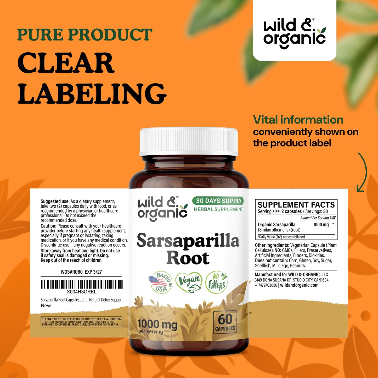 Wild & Organic Sarsaparilla Root Capsules, 60 Count