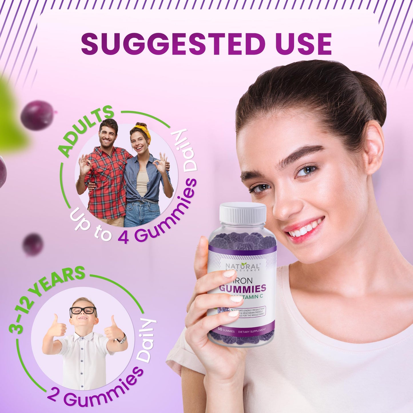 Natural BioScience Iron Gummies with Vitamin C - Chewable Iron Supplement for Adults & Kids, Max Absorption, 60 Vegan Gummies