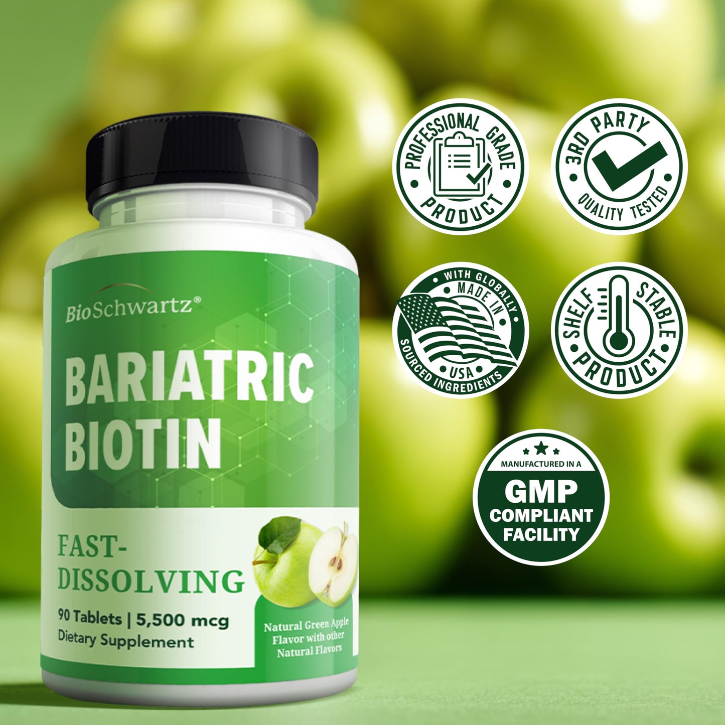 BioSchwartz Bariatric Biotin Chewable Tablets - 5500mcg Biotin per Serving - Green Apple Flavor, 90 Tablets