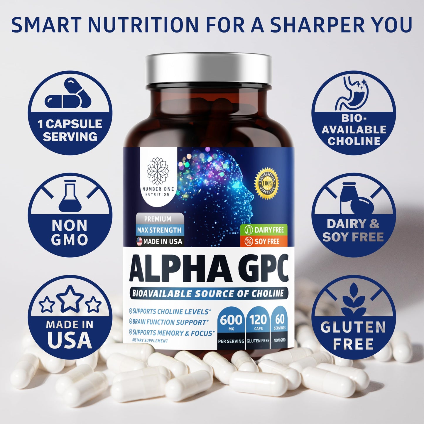 Number One Nutrition Premium Alpha GPC Choline Capsules 600mg, 120 Veg Caps