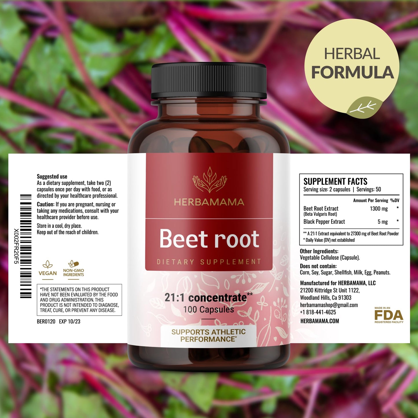 HERBAMAMA Beet Root Capsules 1300mg 21:1 Beet Root Extract with Black Pepper, 100 Count