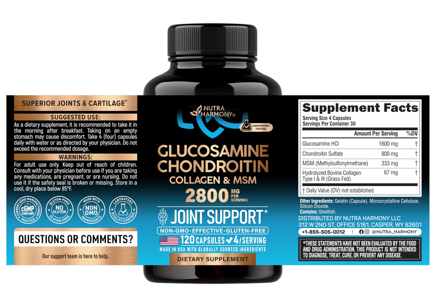 NUTRAHARMONY Glucosamine Chondroitin & Multi Collagen Peptides Capsules 240