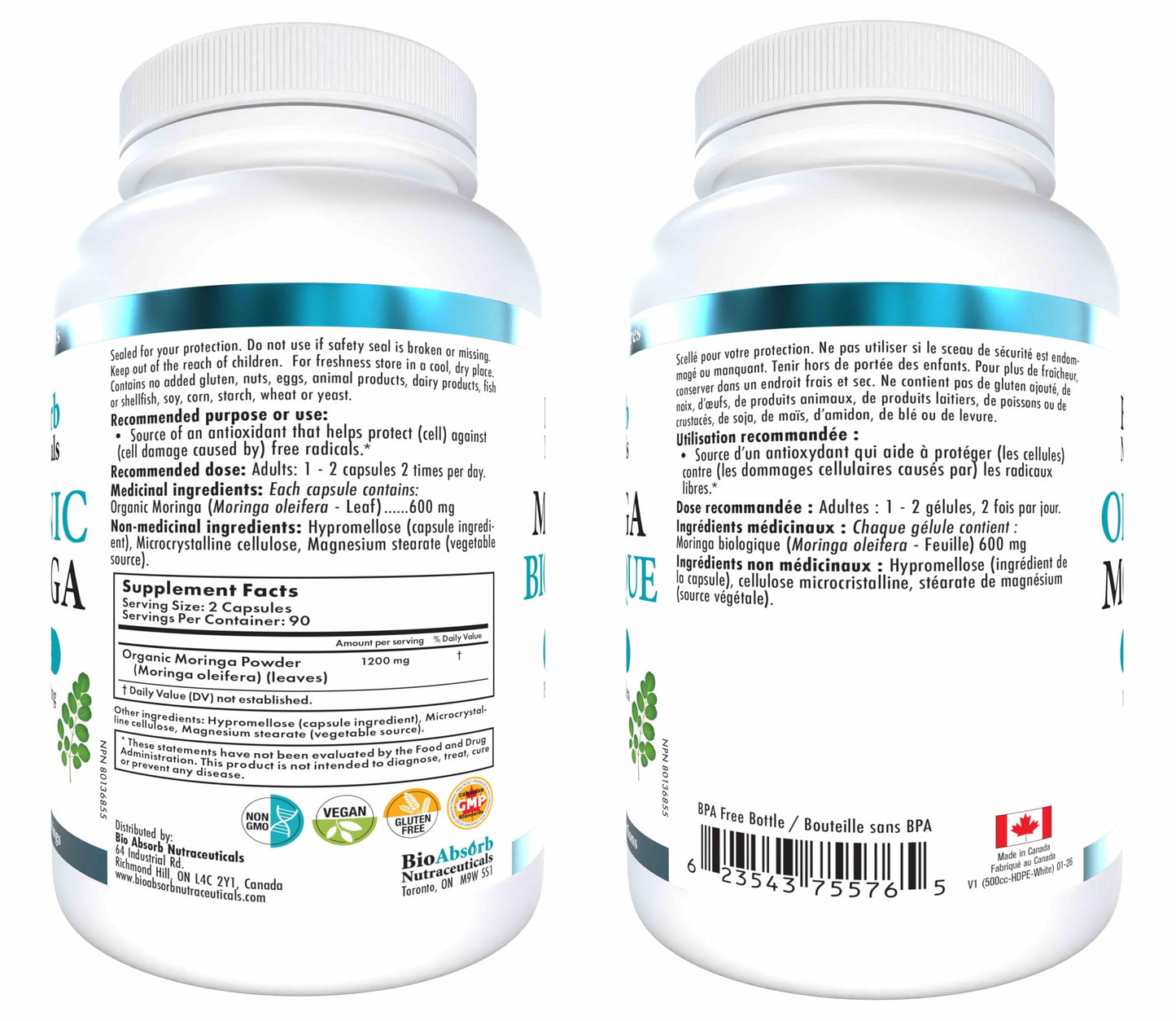 Bio Absorb Nutraceuticals Moringa Capsules 1200mg – Non-Irradiated Moringa Oleifera Leaf Powder, 180 Capsules
