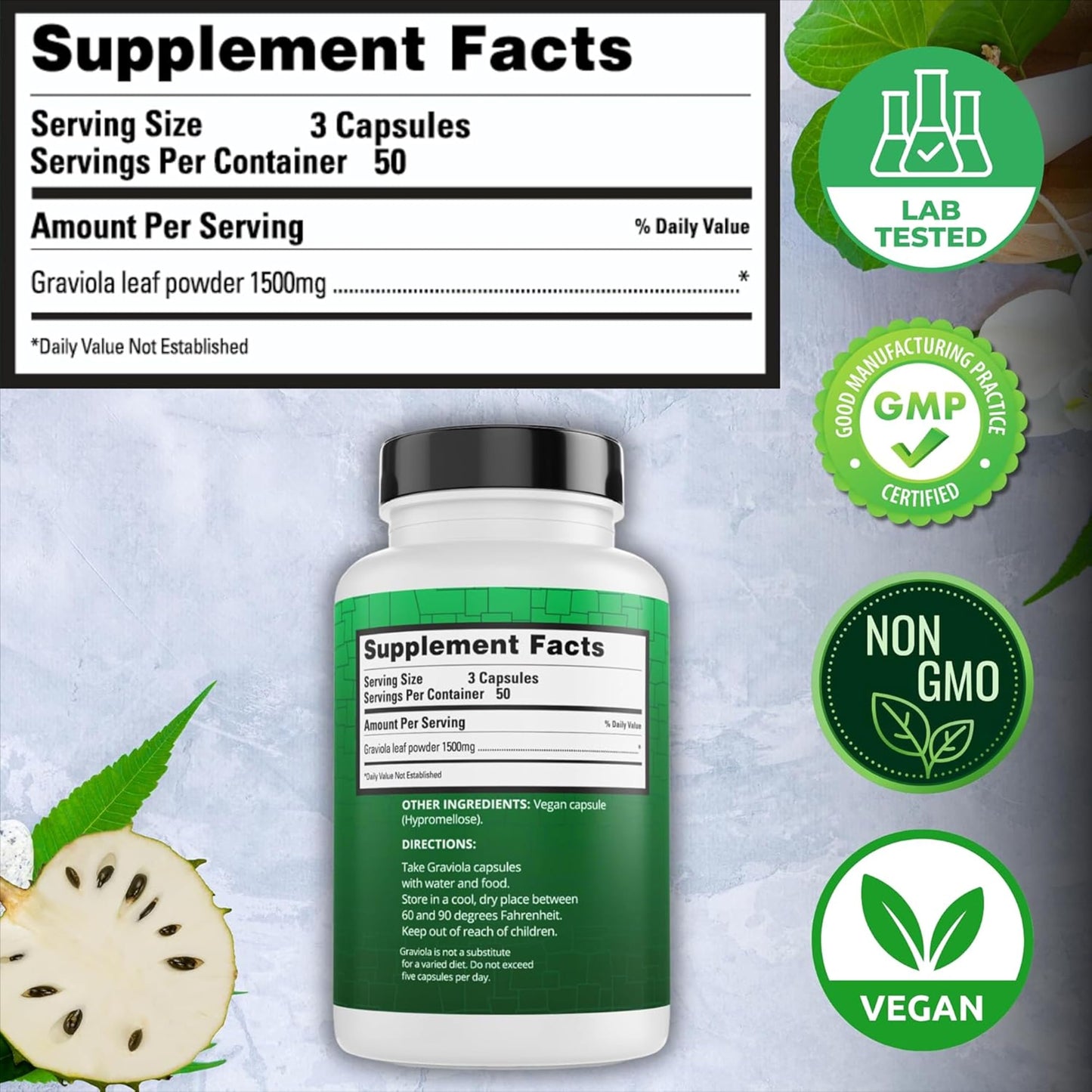 Peruvian Naturals Graviola Capsules 1500 mg Soursop Leaf Extract, 300 Count
