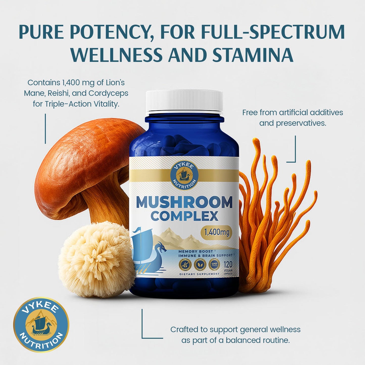 Vykee Nutrition Mushroom Complex – Lion’s Mane, Reishi & Cordyceps, 120 Capsules