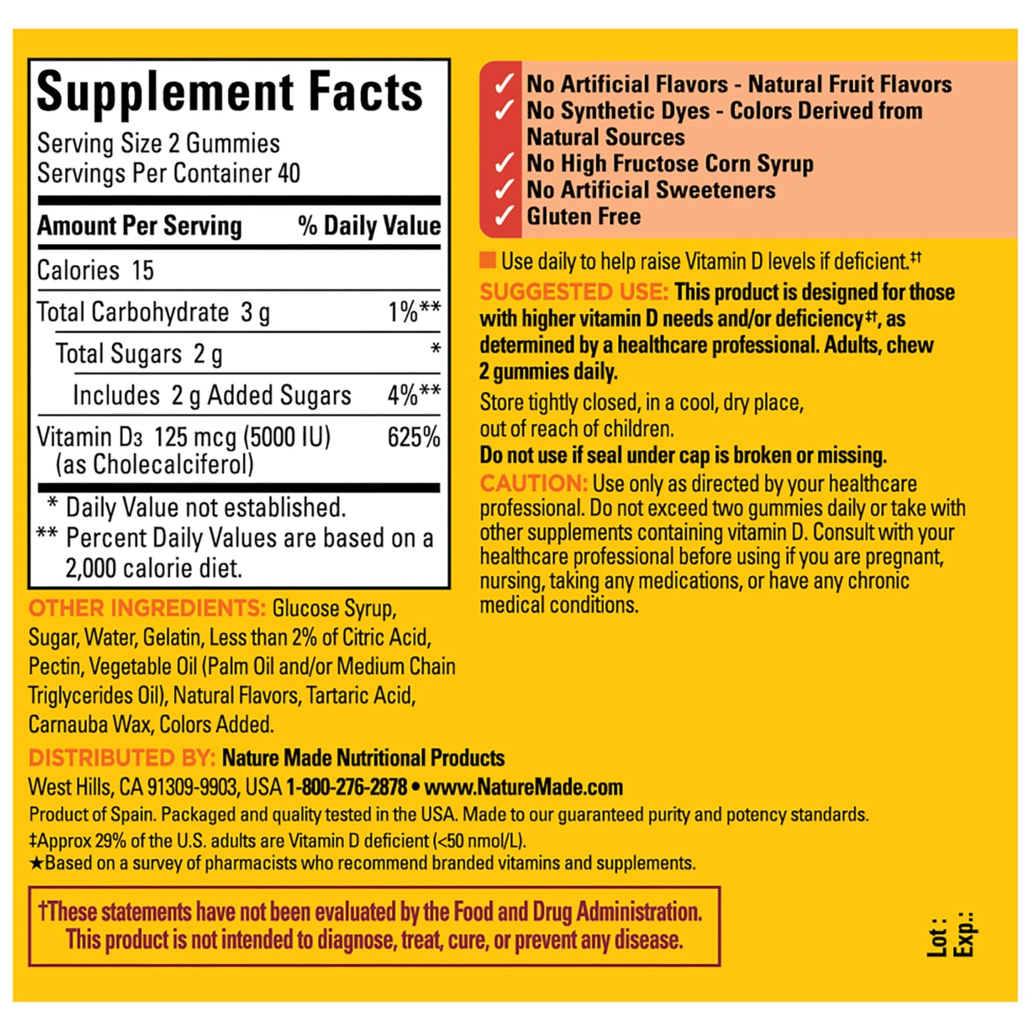 Nature Made Vitamin D3 5000 IU Per Serving Gummies Extra Strength, Bone and Immune Health Support, 80 Gummies
