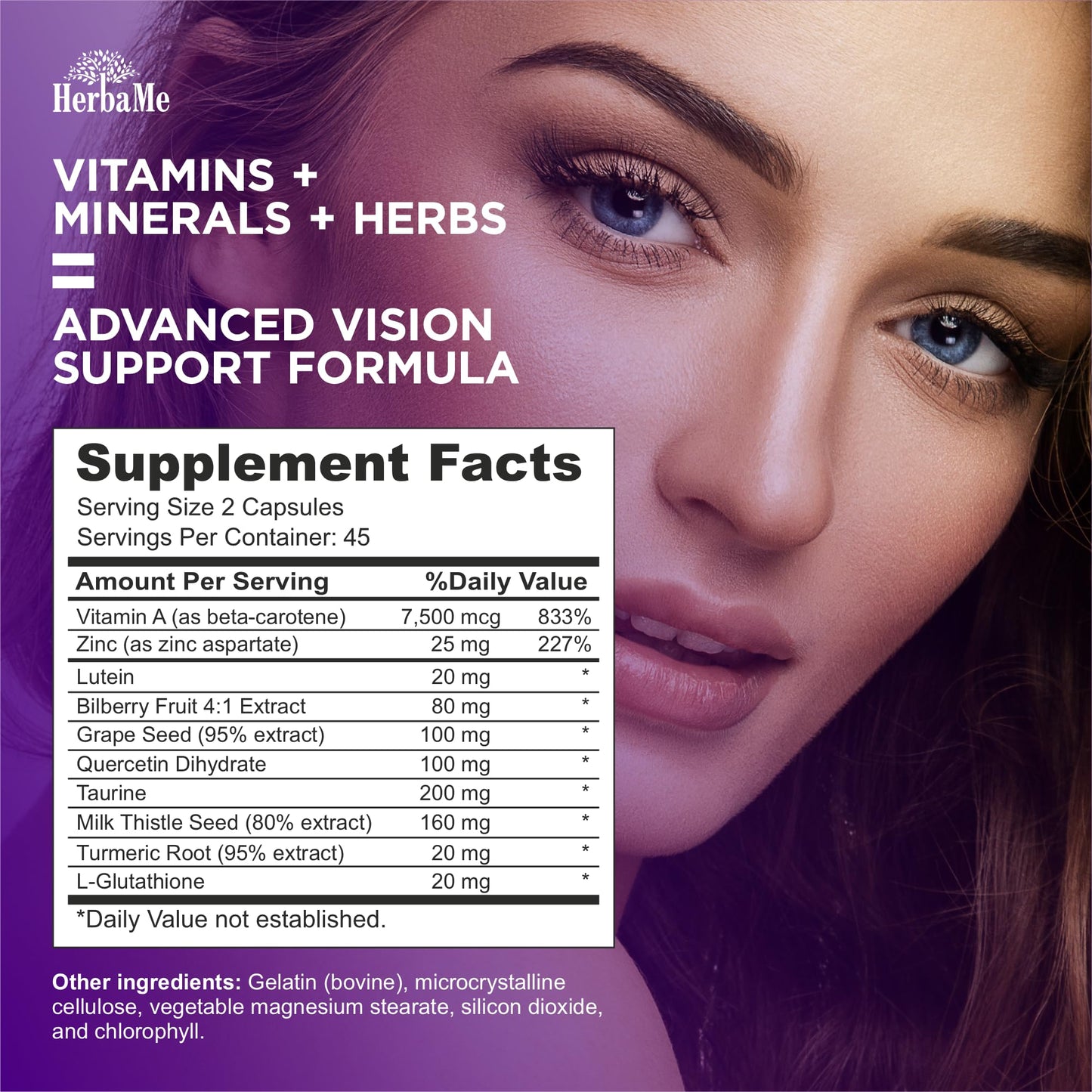 HerbaMe Eye Vitamins with Lutein, Bilberry, Beta Carotene, L-Taurine, Zinc and Quercetin Capsules 90
