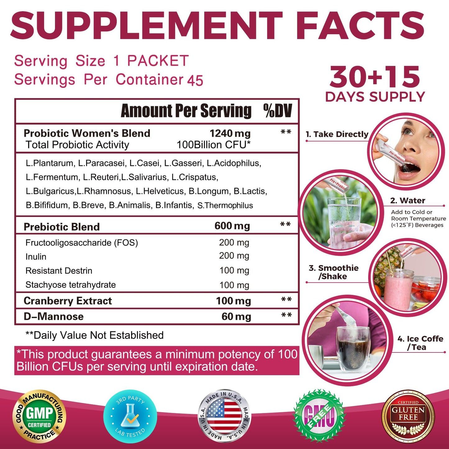 ZEBORA Probiotics for Women 100 Billion CFUs with Prebiotics, D-Mannose & Cranberry for Digestive, Immune, Feminine UT Health Support, Ultimate Probiotic Women's Care, Soy & Gluten Free, Powder 3.17 oz