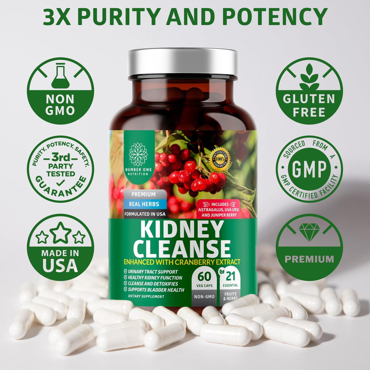 Number One Nutrition Kidney Support 21 Herbs with Cranberry Astragalus Uva Ursi, 60 Capsules