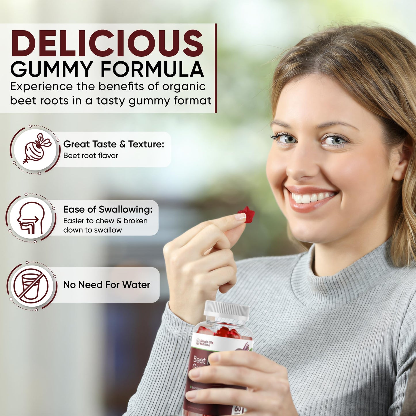 Simple Life Nutrition Organic Beet Root Gummies Nitric Oxide Booster for Men & Women 60 Gummies