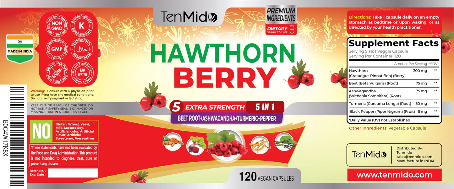 Tenmido Hawthorn Berry Supplement Extract Capsule 120 Count