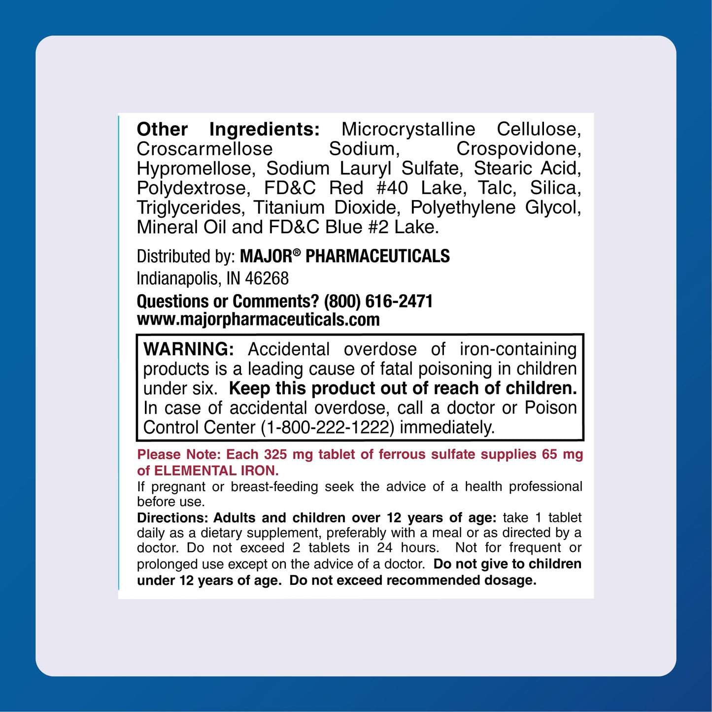 MAJOR Ferosul Ferrous Sulfate 325mg Tablets with 65mg Elemental Iron, 100 Tablets