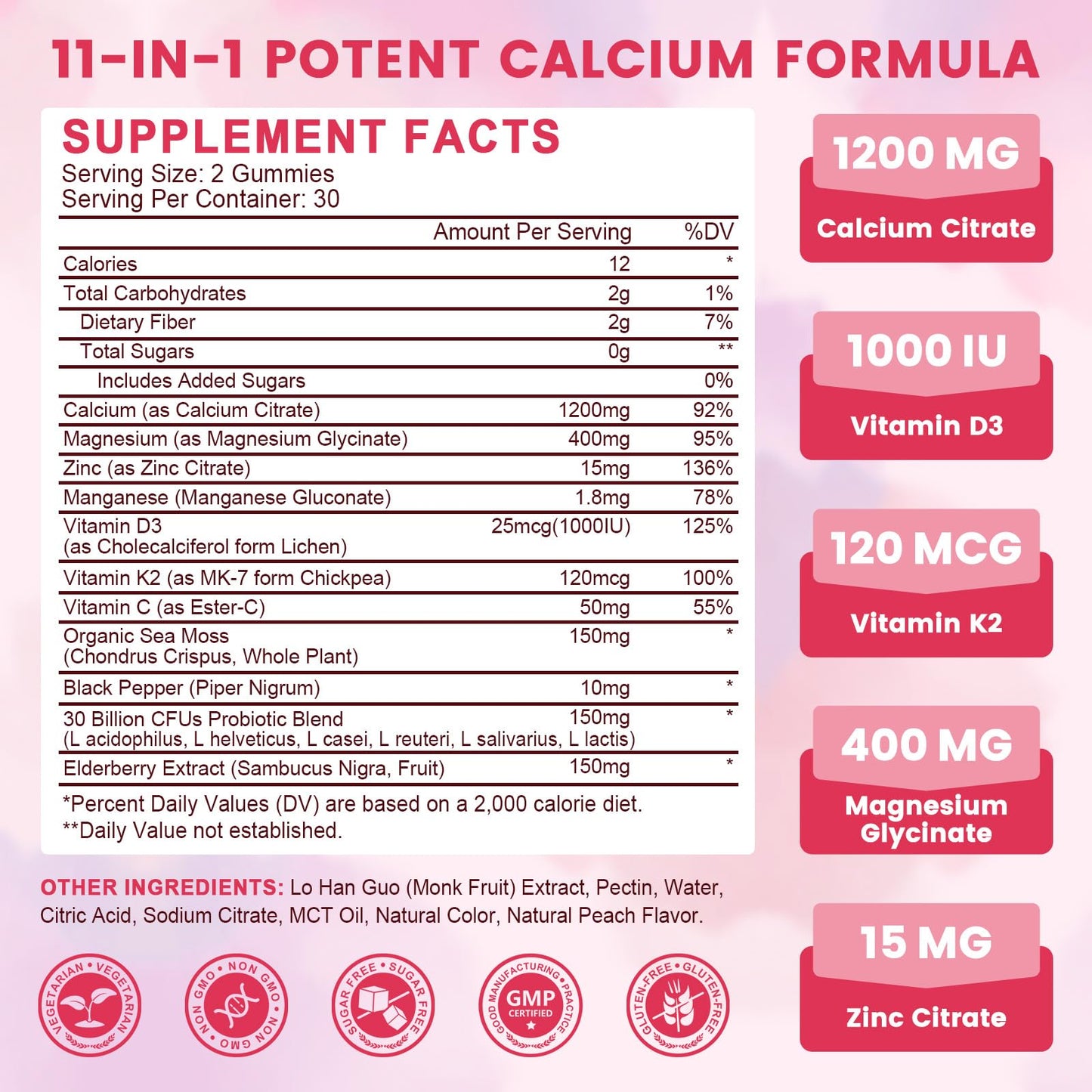 GAOLISHEN Calcium Citrate 1200 mg Gummies with Vitamin D3, K2, Magnesium, Zinc for Bone, Muscle & Immune Support, Sugar Free, 60 Gummies