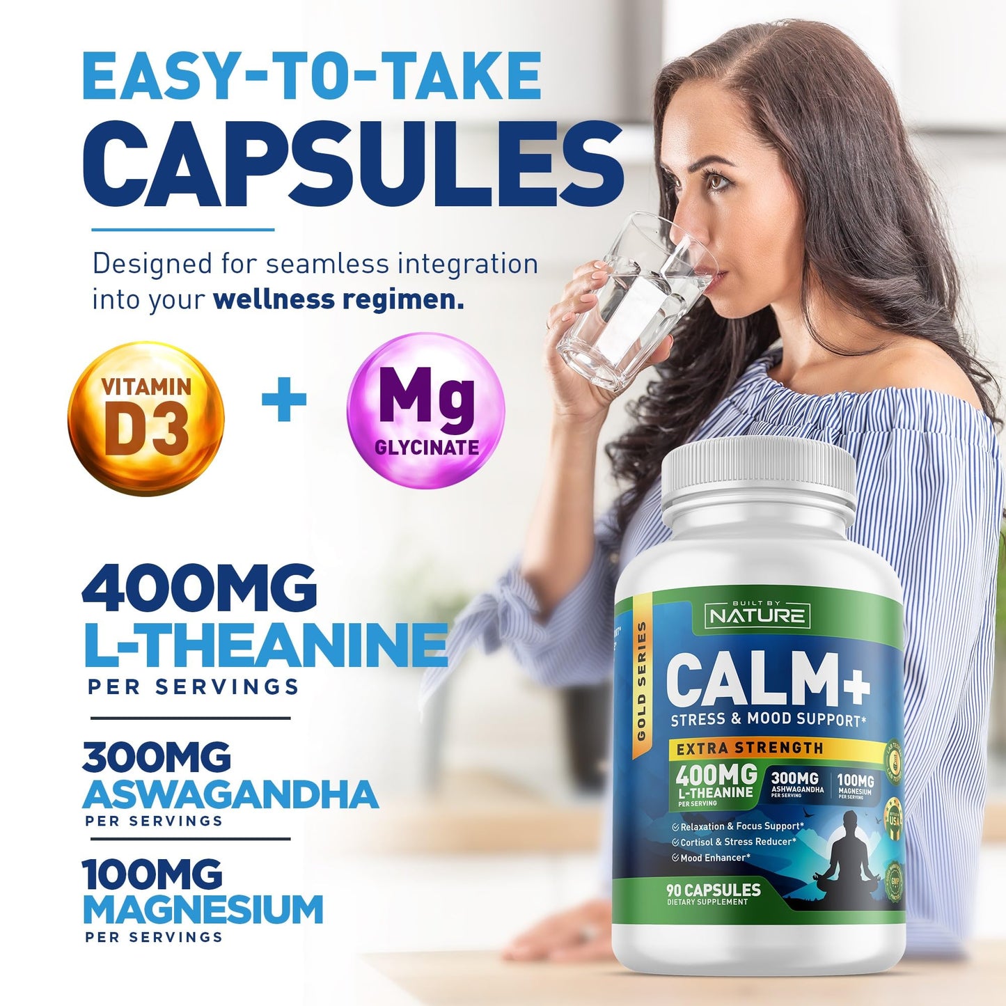 Built by Nature Calm+ Relaxation & Focus – Stress, Cortisol & Mood Support – Calm Supplement with L-Theanine, Ashwagandha, Magnesium Glycinate, Vitamin D3, 90 Capsules