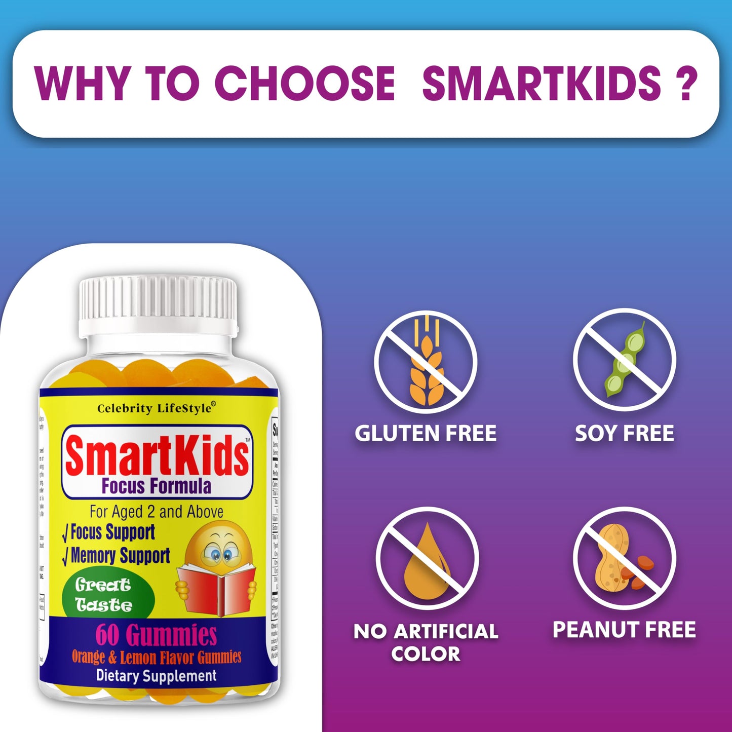 Celebrity LifeStyle Product Smart Kids Focus Gummies with Omega-3-6-9 DHA Brain Support, 60 Gummies