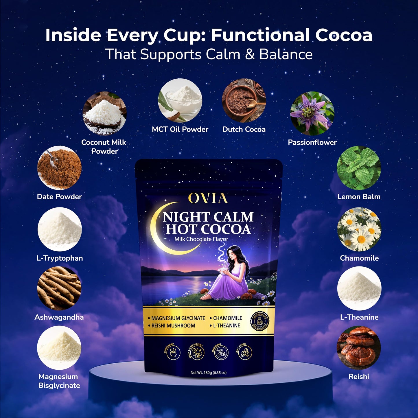 OVIA Night Calm Melatonin-Free Magnesium Mushroom Hot Cocoa Powder 6.35 oz