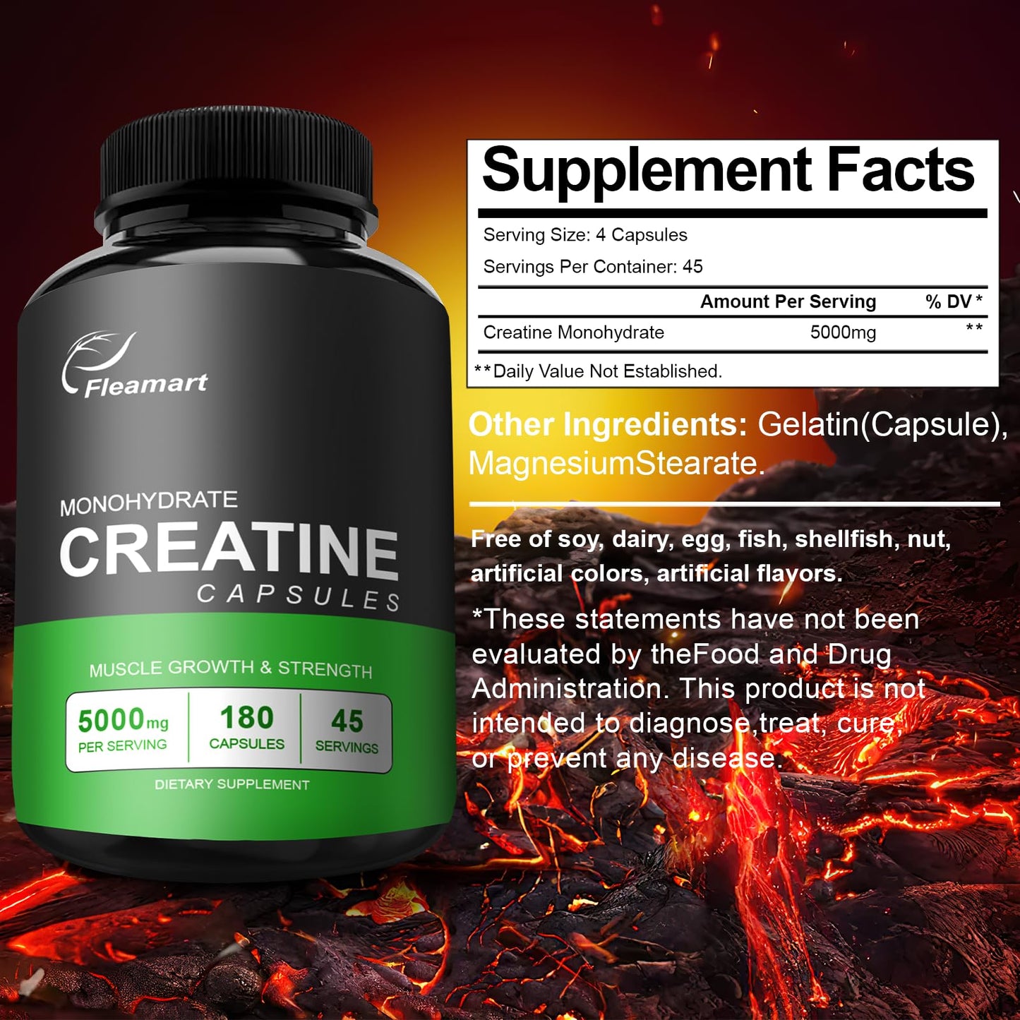 Fleamart Micronized Creatine Monohydrate Capsules, 180 Capsules