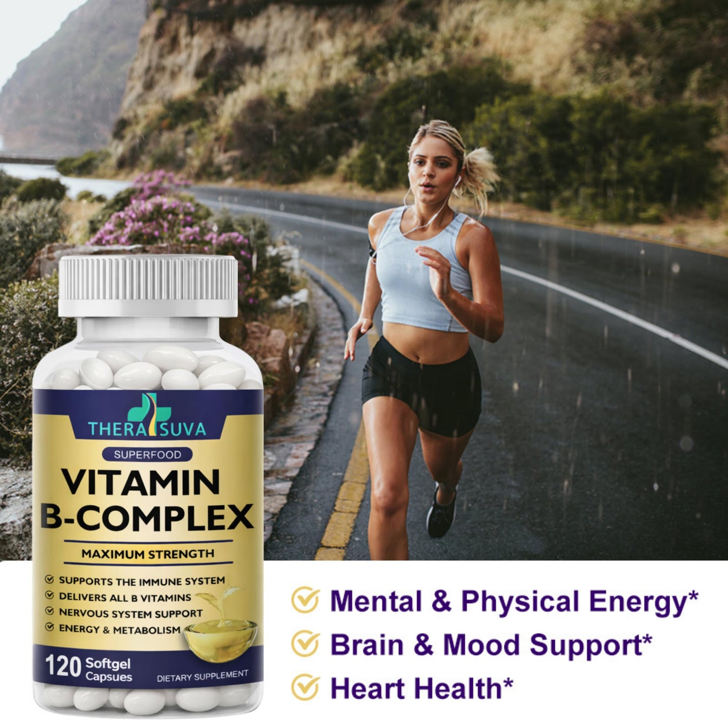 TheraSuva Vitamin B-Complex + CoQ10 + Vitamin C Max Strength Softgels, 120 Count