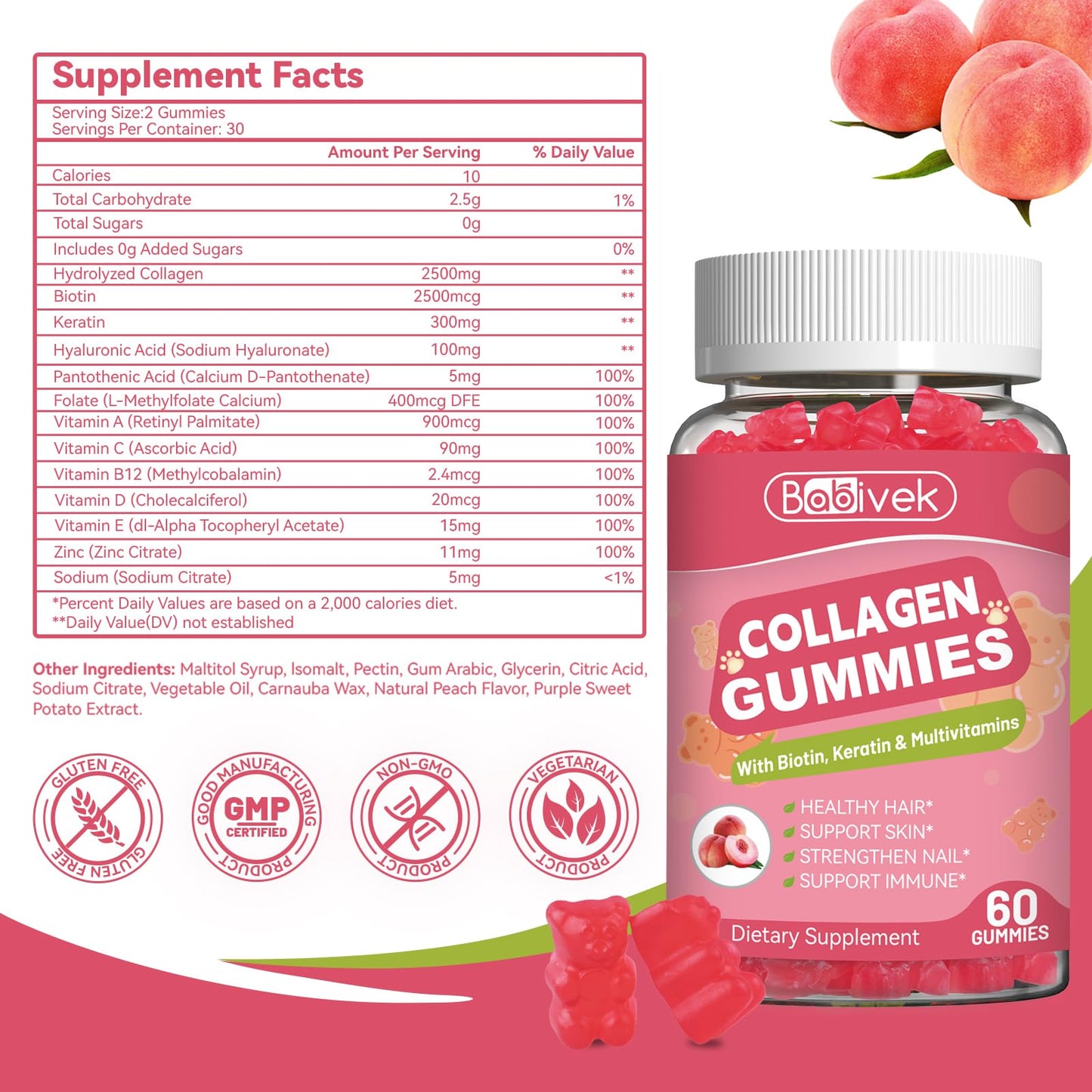 Babivek Collagen Gummies for Women & Men, Gummy, 60 Count