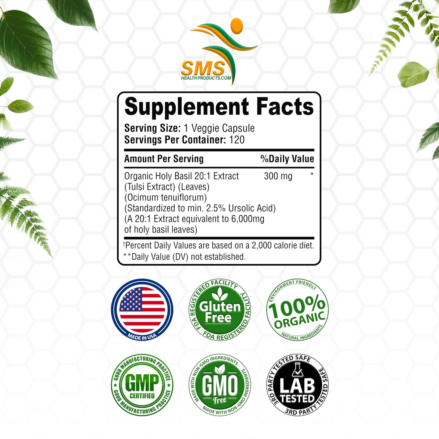 SMSHEALTHPRODUCTS.com Holy Basil 20:1 Extract 120 Capsules