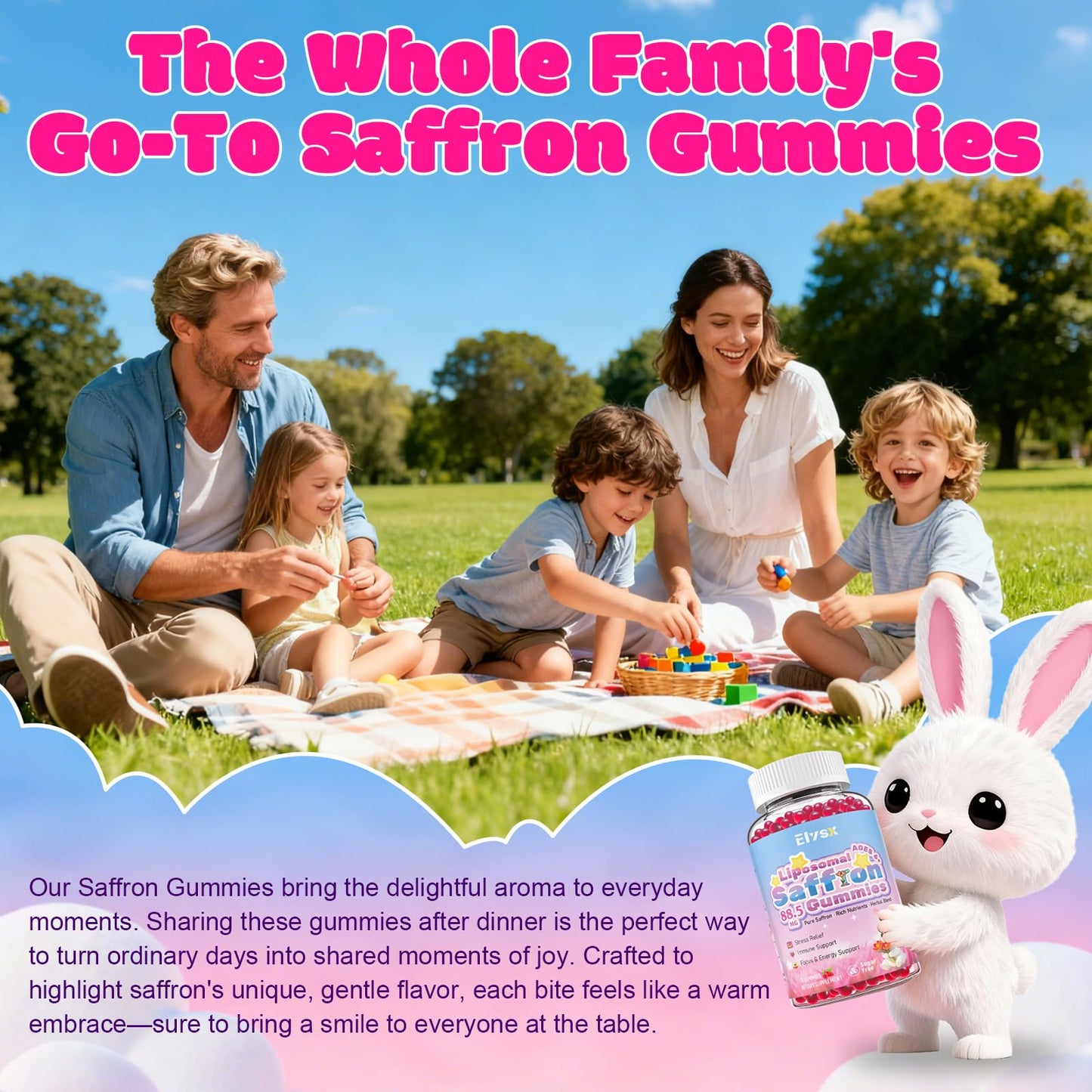 Elysx Saffron Gummies for Kids & Adults with Holy Basil, Rosemary Gummy 60 Count