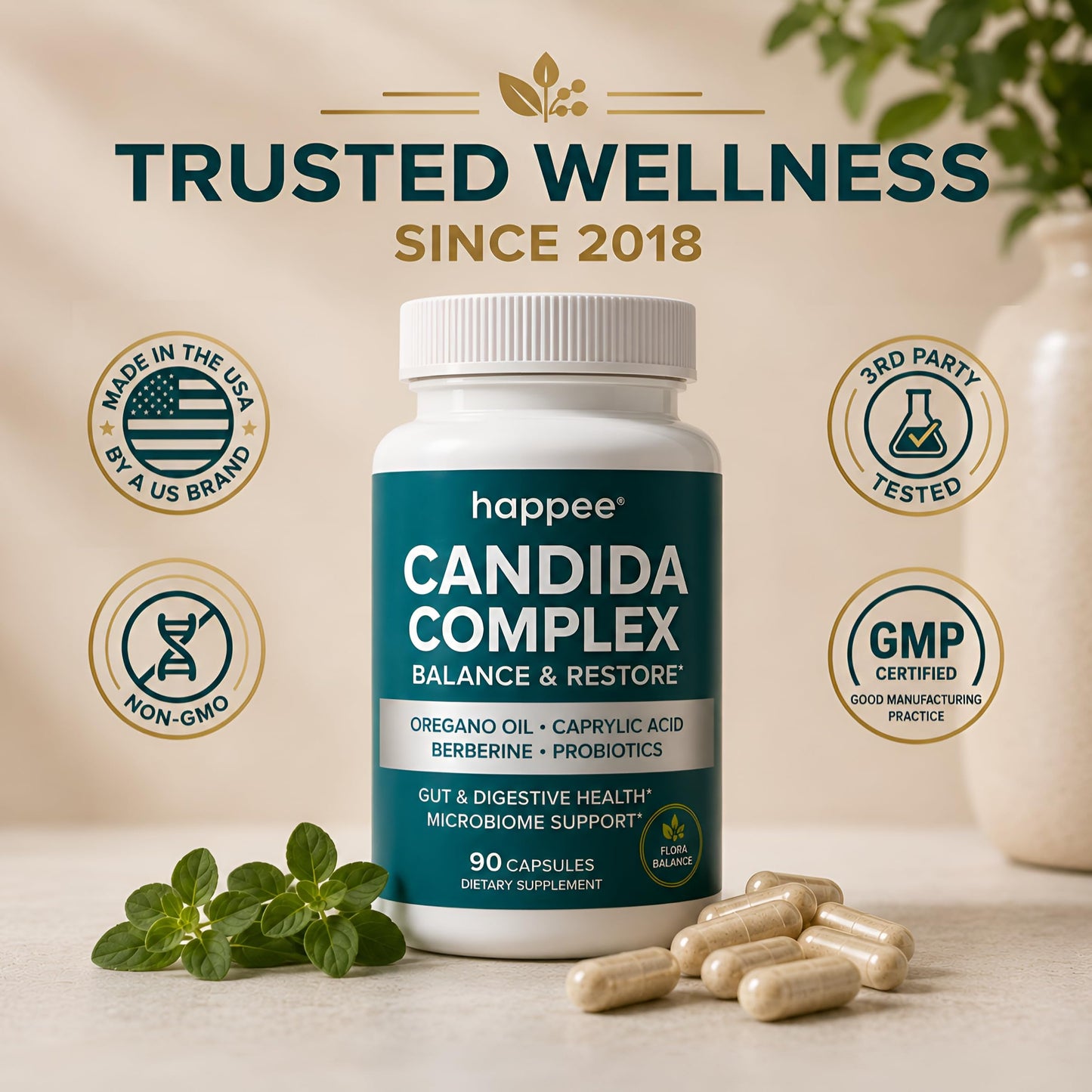 Happee Candida Cleanse Detox Supplement, Gut & Digestive Health 90 Capsules